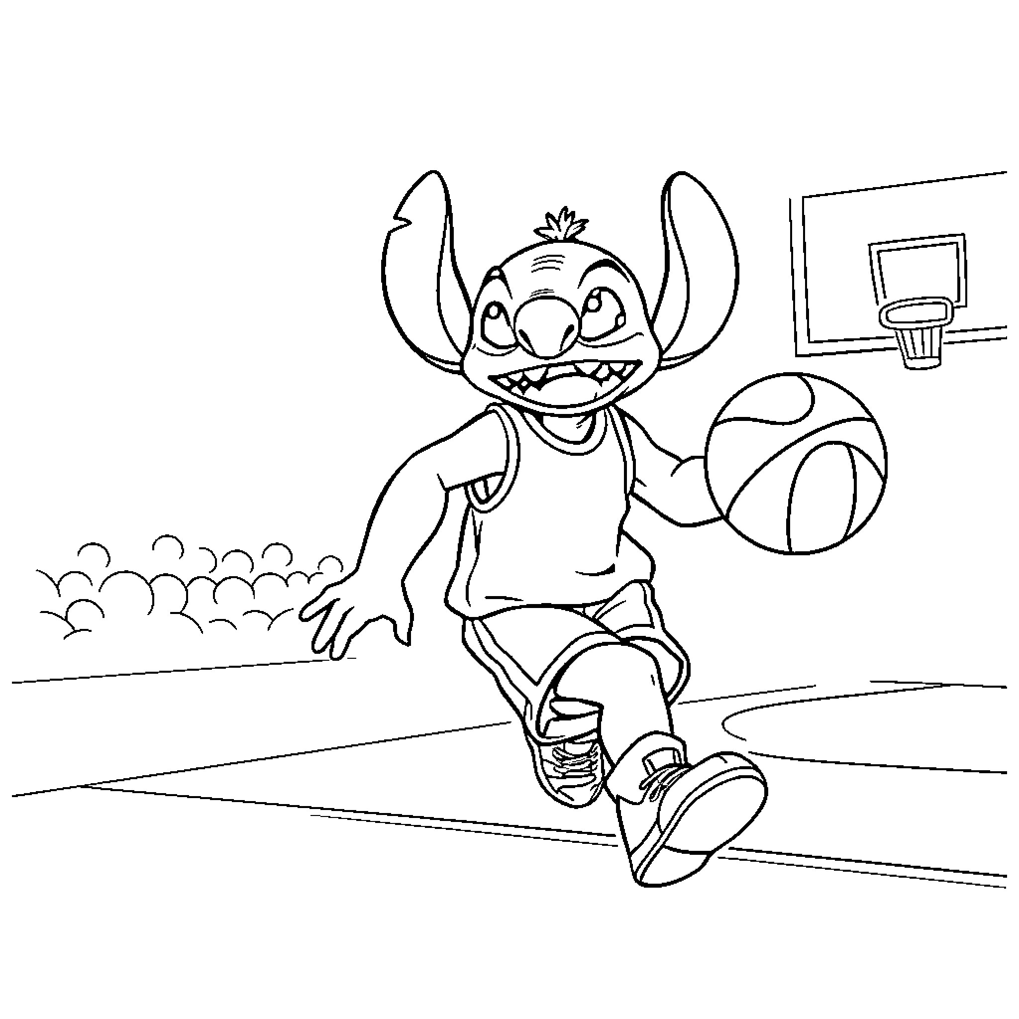 Stitch playing basketball on the court Coloring Page (free black-and-white line drawing printable PDF for all, from beginners to advanced learners, including children, teens, adults, and seniors)