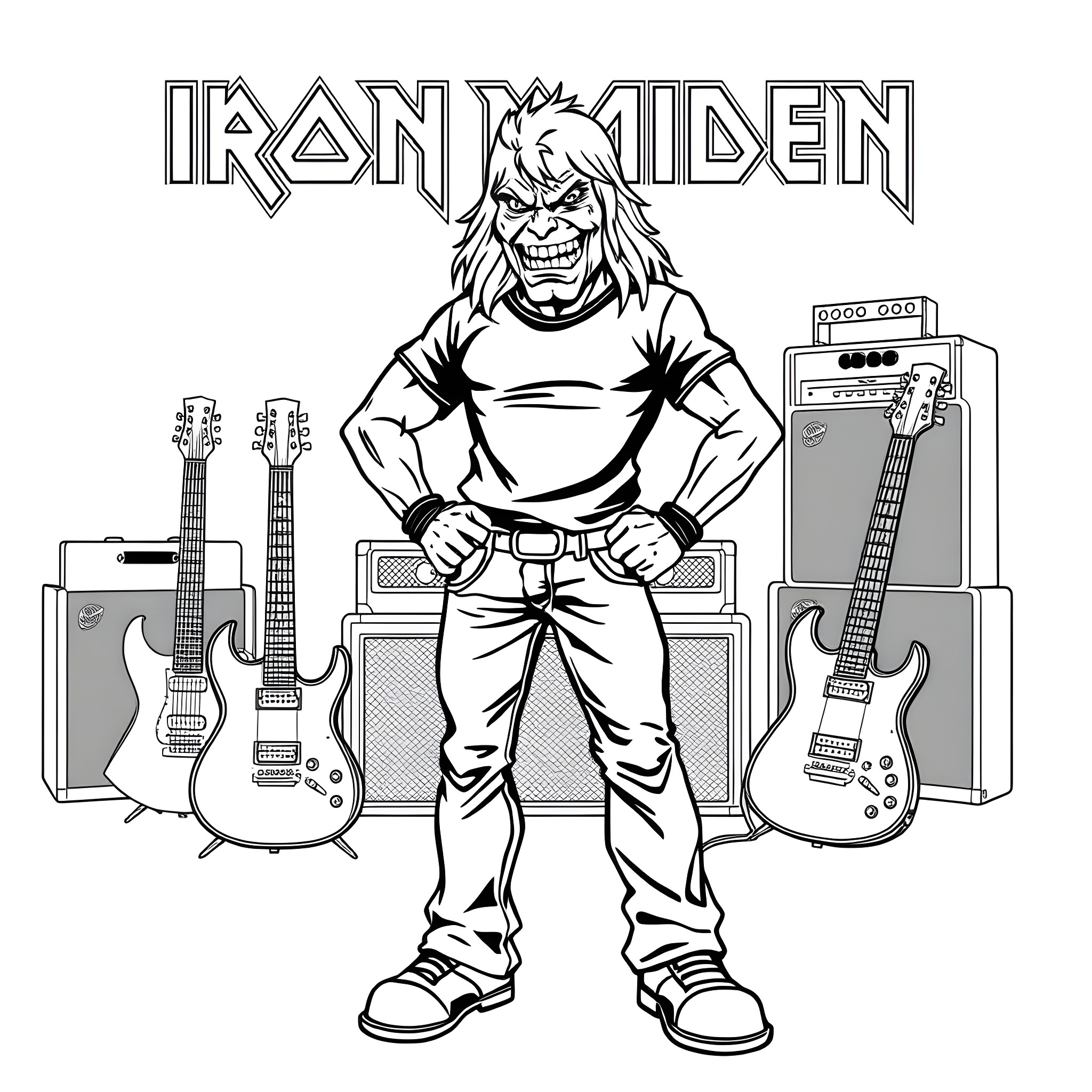 Iron Maiden band member rocking out on stage Coloring Page (free black-and-white line drawing printable PDF for all, from beginners to advanced learners, including children, teens, adults, and seniors)