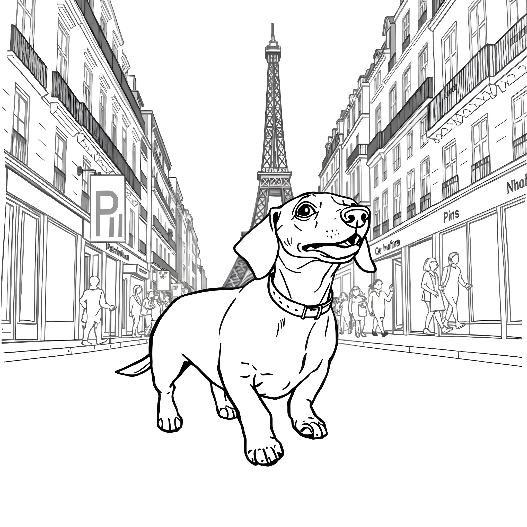 Dachshund exploring the streets of Paris Coloring Page (free black-and-white line drawing printable PDF for all, from beginners to advanced learners, including children, teens, adults, and seniors)