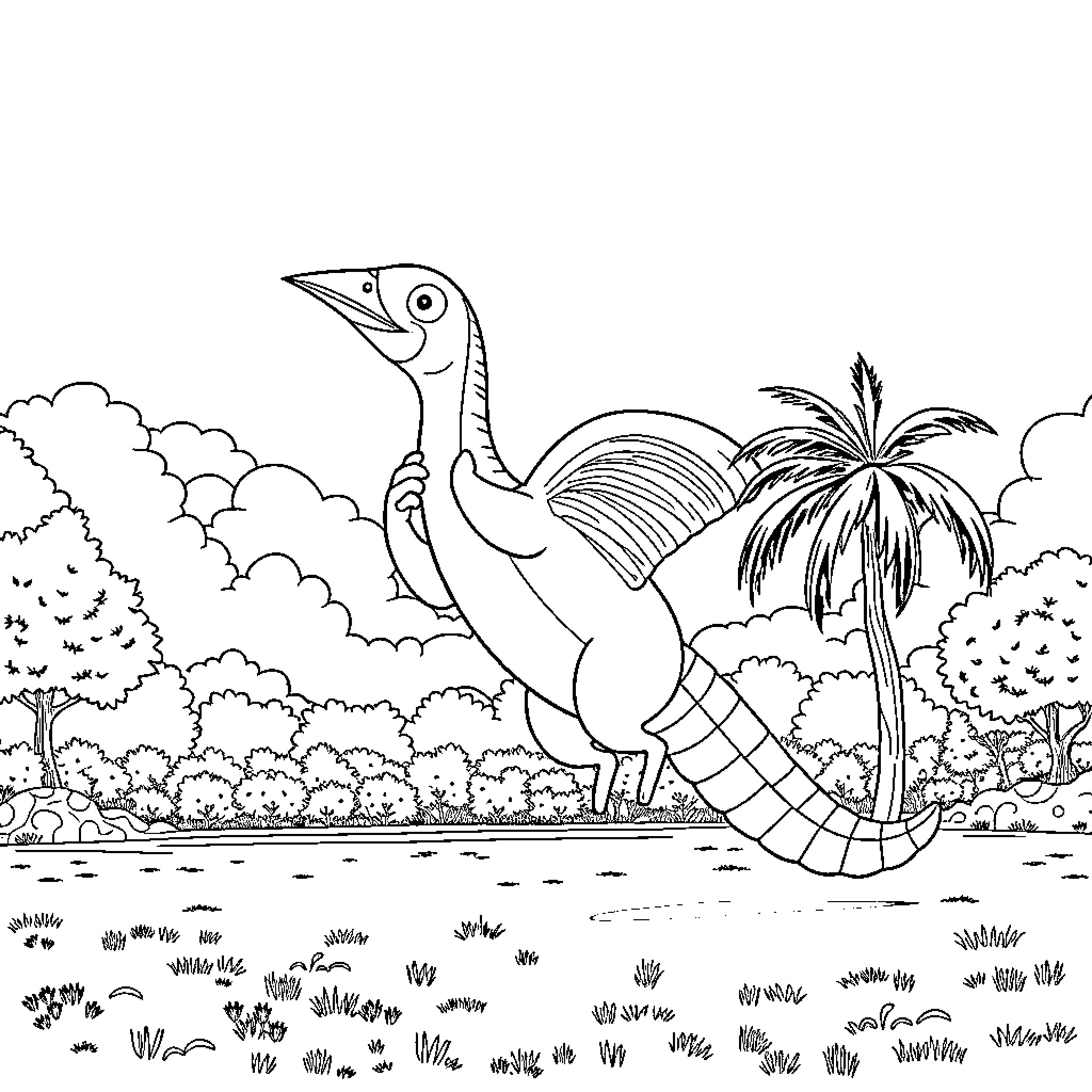 Gatubela's Playful Dance in the Tropical Garden Coloring Page (free black-and-white line drawing printable PDF for all, from beginners to advanced learners, including children, teens, adults, and seniors)