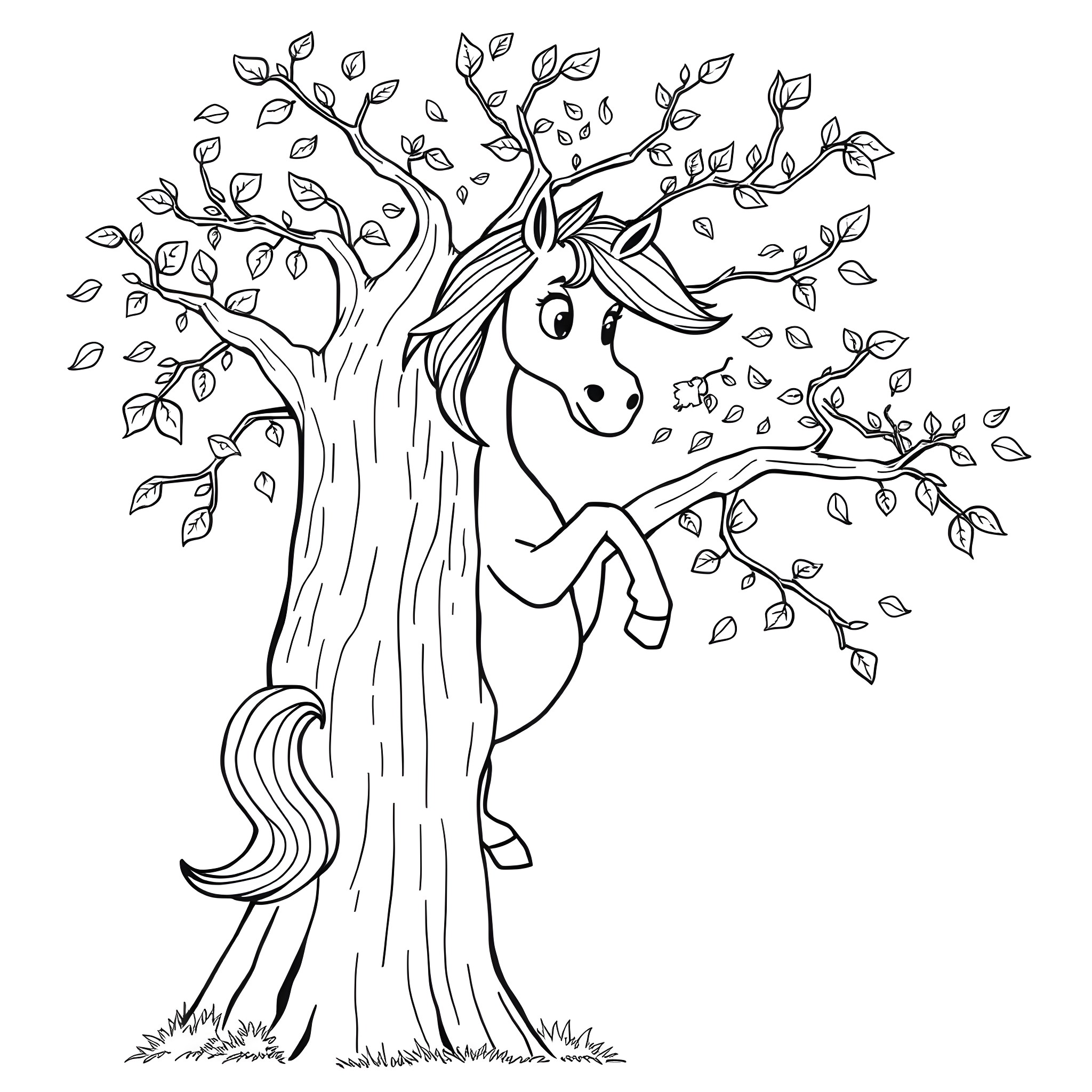 Horse playing joyfully in a leafy tree Coloring Page (free black-and-white line drawing printable PDF for all, from beginners to advanced learners, including children, teens, adults, and seniors)
