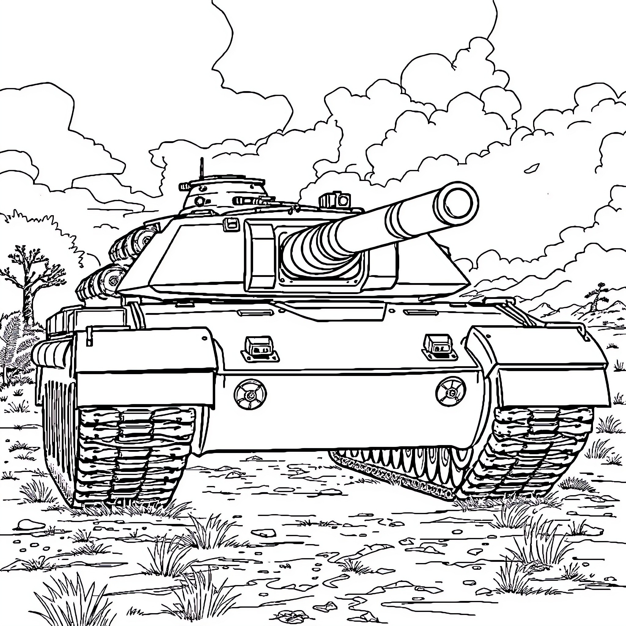 Leopard tank traversing the battlefield Coloring Page (free black-and-white line drawing printable PDF for all, from beginners to advanced learners, including children, teens, adults, and seniors)