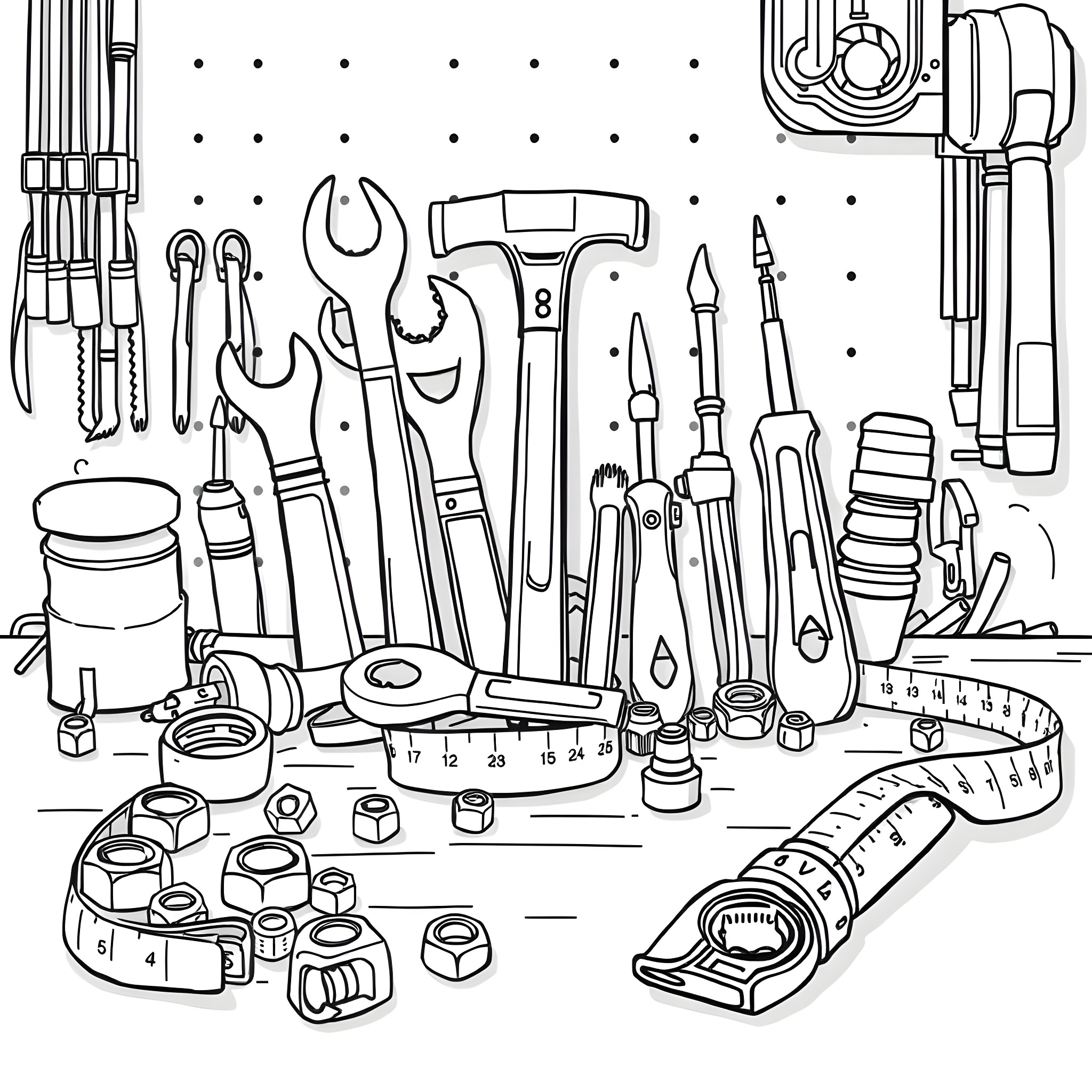 Tool collection of various equipment Coloring Page (free black-and-white line drawing printable PDF for all, from beginners to advanced learners, including children, teens, adults, and seniors)