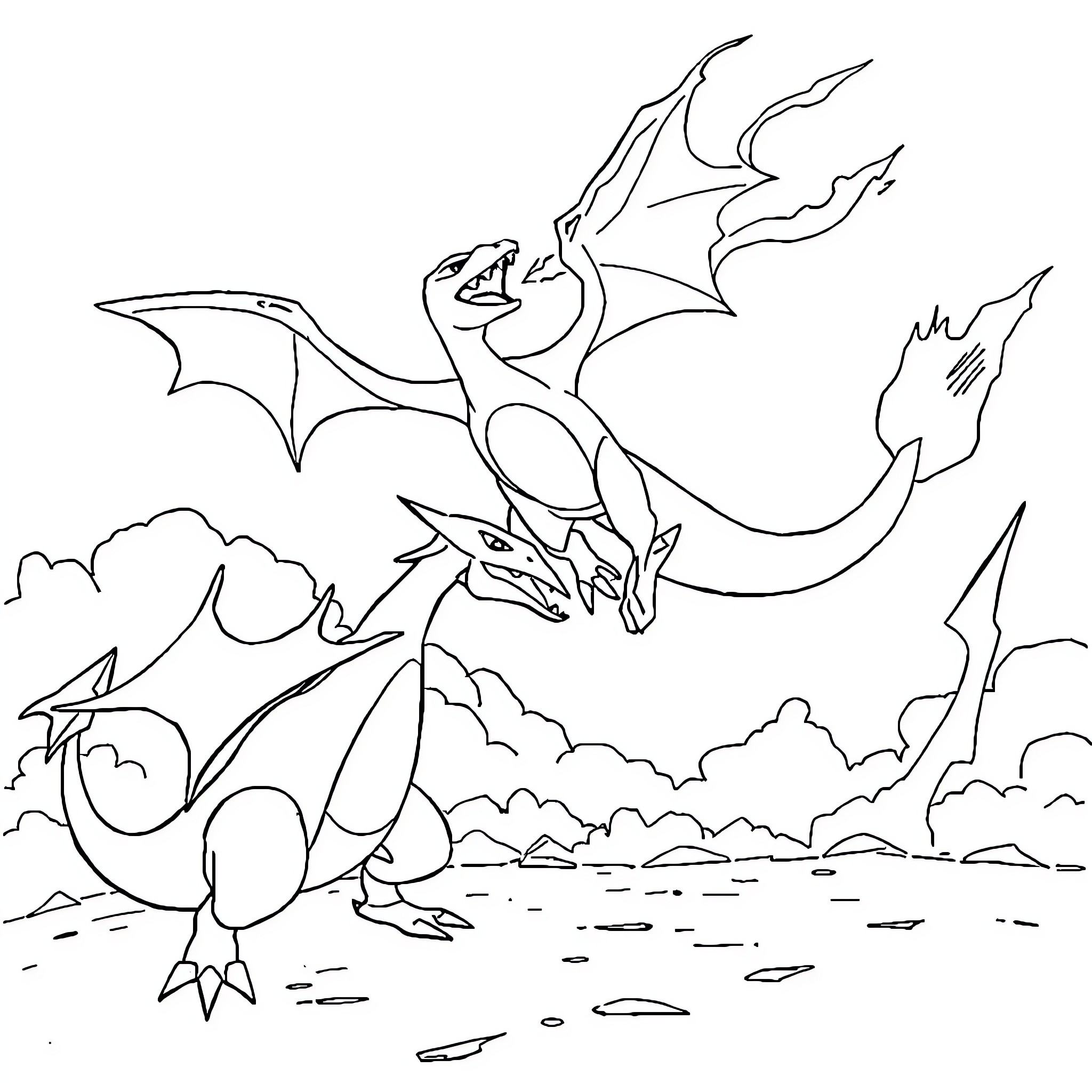 Charizard unleashing fiery breath in the skies Coloring Page (free black-and-white line drawing printable PDF for all, from beginners to advanced learners, including children, teens, adults, and seniors)