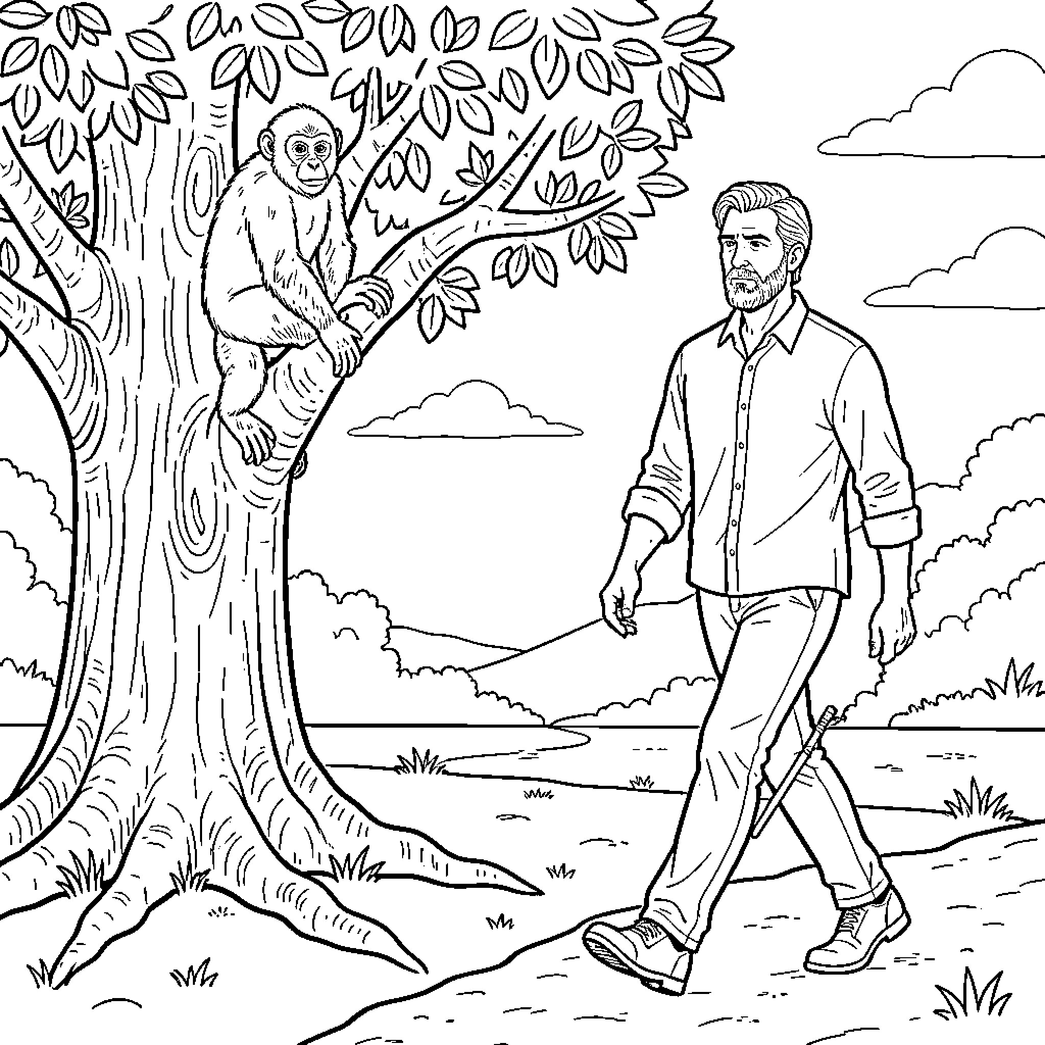Evolution of Man: From Primates to Modern Civilization Coloring Page (free black-and-white line drawing printable PDF for all, from beginners to advanced learners, including children, teens, adults, and seniors)
