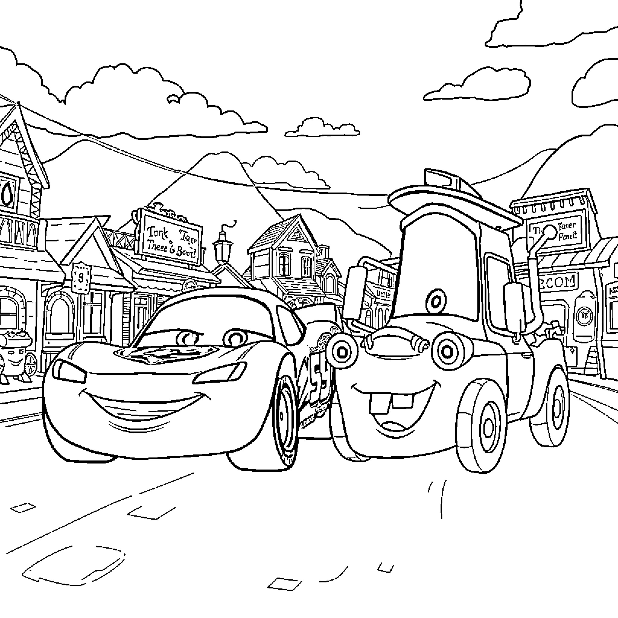 Lightning McQueen and Mater in the town Coloring Page (free black-and-white line drawing printable PDF for all, from beginners to advanced learners, including children, teens, adults, and seniors)