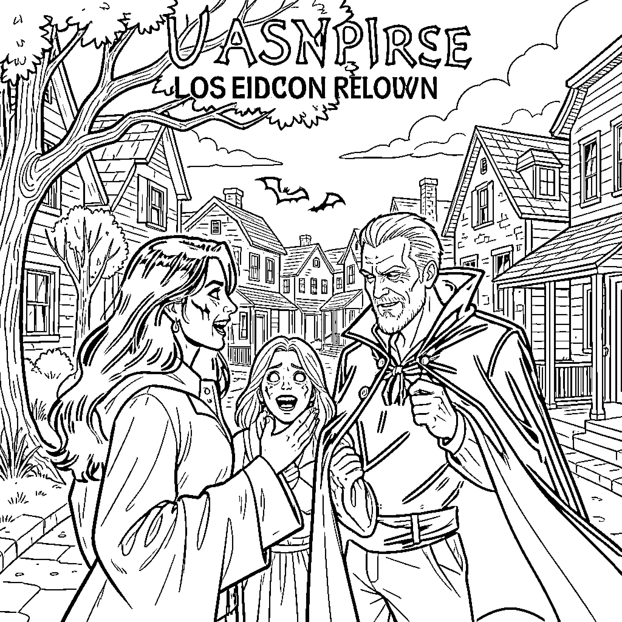 Vampire confronting a frightened girl in a village Coloring Page (free black-and-white line drawing printable PDF for all, from beginners to advanced learners, including children, teens, adults, and seniors)