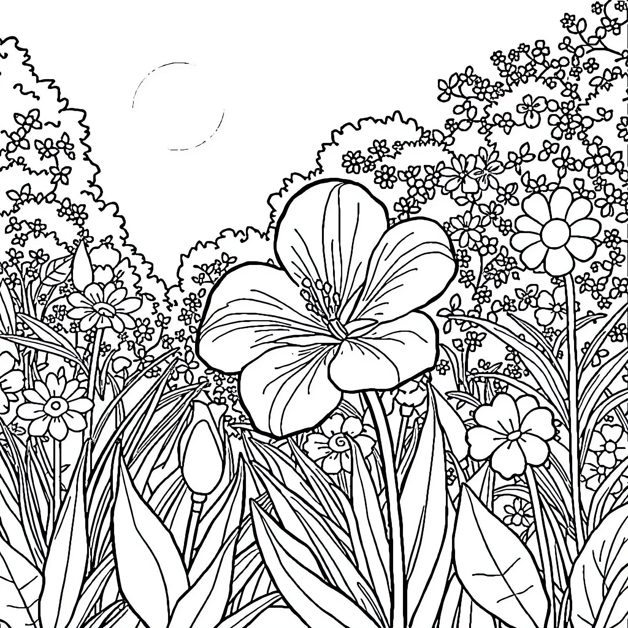 Flower garden with blooming plants and nature Coloring Page (free black-and-white line drawing printable PDF for all, from beginners to advanced learners, including children, teens, adults, and seniors)