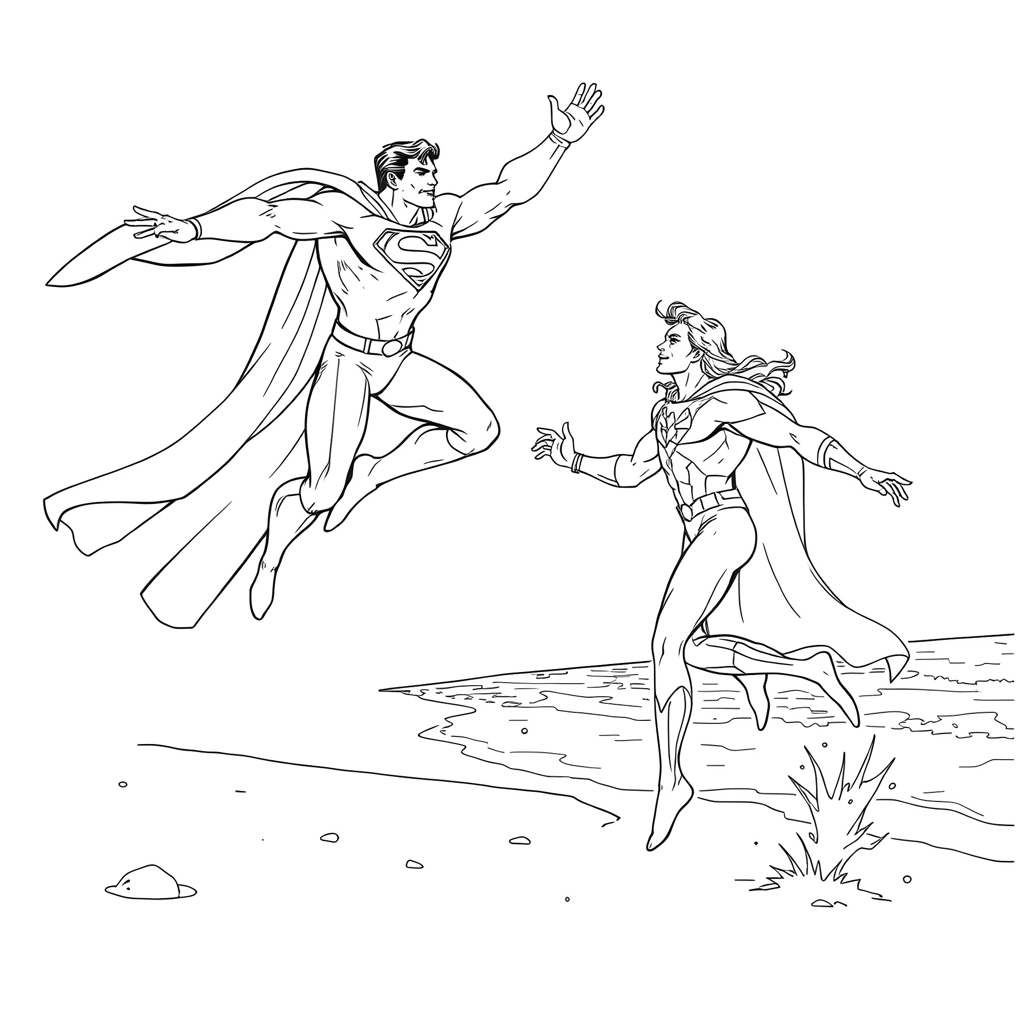 Superman and Wonder Woman in action on the beach Coloring Page (free black-and-white line drawing printable PDF for all, from beginners to advanced learners, including children, teens, adults, and seniors)