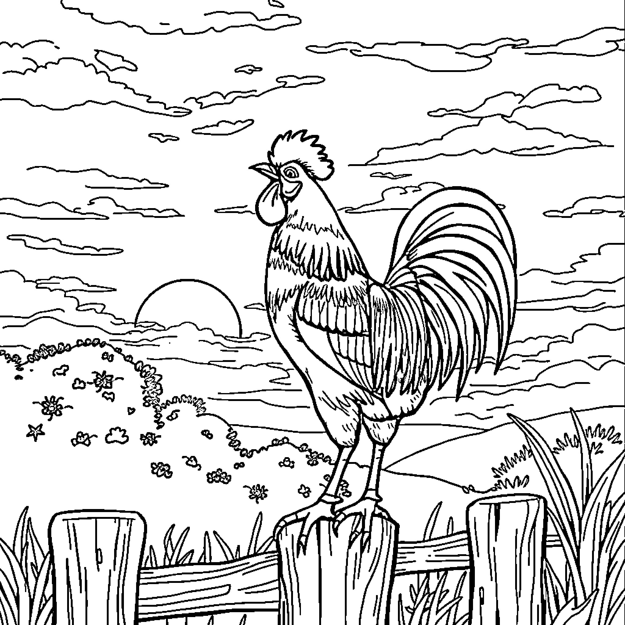 Rooster crowing at sunrise on a farm Coloring Page (free black-and-white line drawing printable PDF for all, from beginners to advanced learners, including children, teens, adults, and seniors)