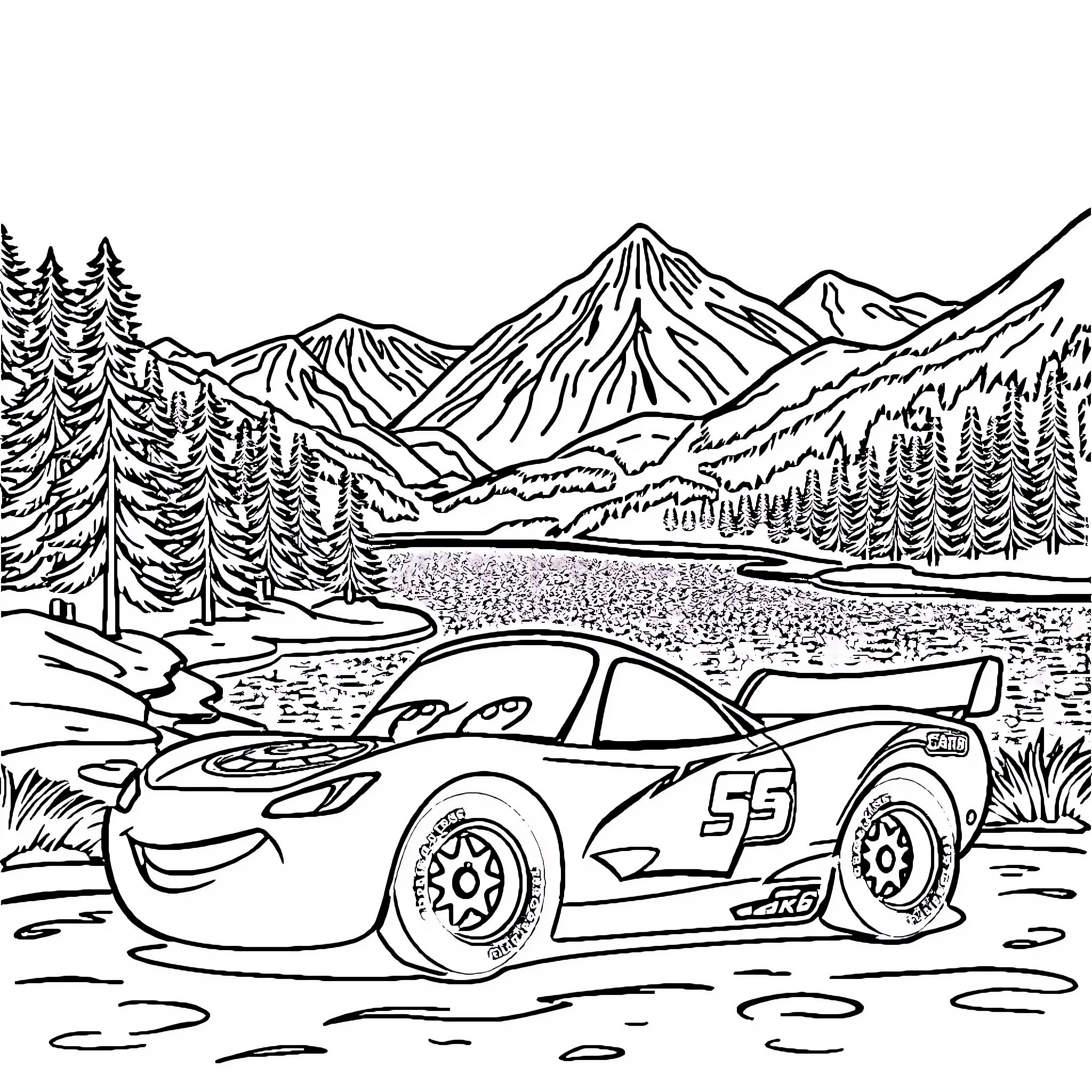Lightning McQueen racing through scenic mountain landscape Coloring Page (free black-and-white line drawing printable PDF for all, from beginners to advanced learners, including children, teens, adults, and seniors)