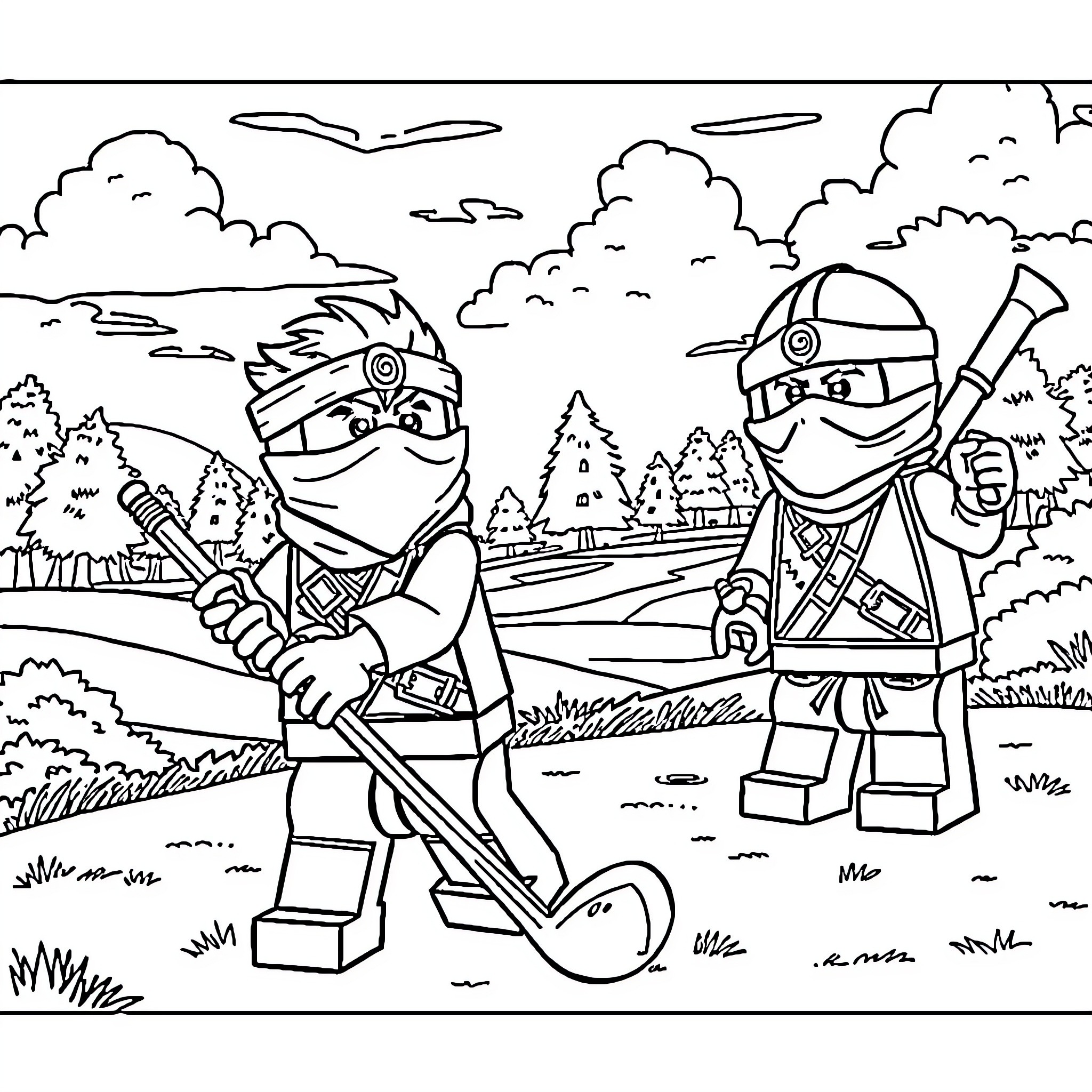 Ninjago characters in action outdoors Coloring Page (free black-and-white line drawing printable PDF for all, from beginners to advanced learners, including children, teens, adults, and seniors)
