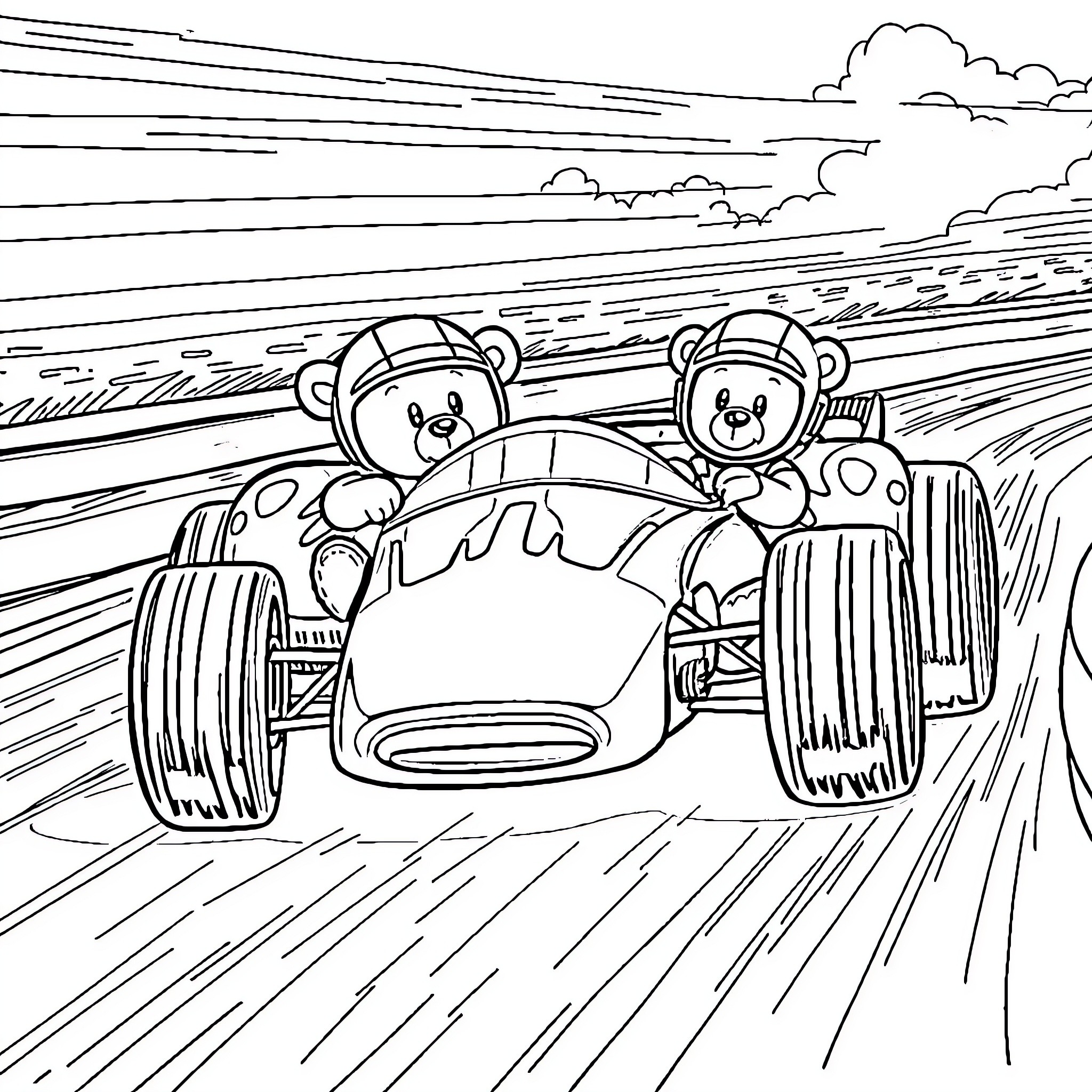 Racing Car with Cheerful Teddy Bears Coloring Page (free black-and-white line drawing printable PDF for all, from beginners to advanced learners, including children, teens, adults, and seniors)