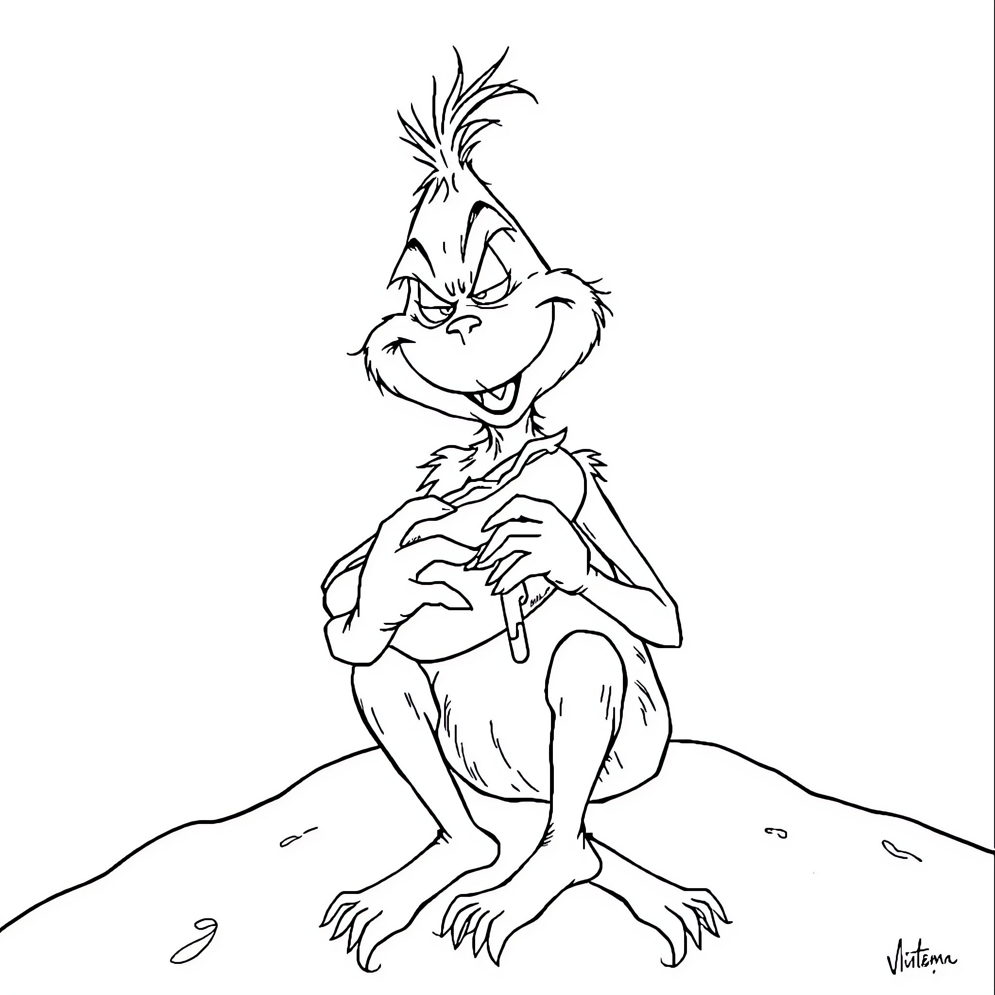 Grinch Gleefully Mischievous in Monochrome Coloring Page (free black-and-white line drawing printable PDF for all, from beginners to advanced learners, including children, teens, adults, and seniors)