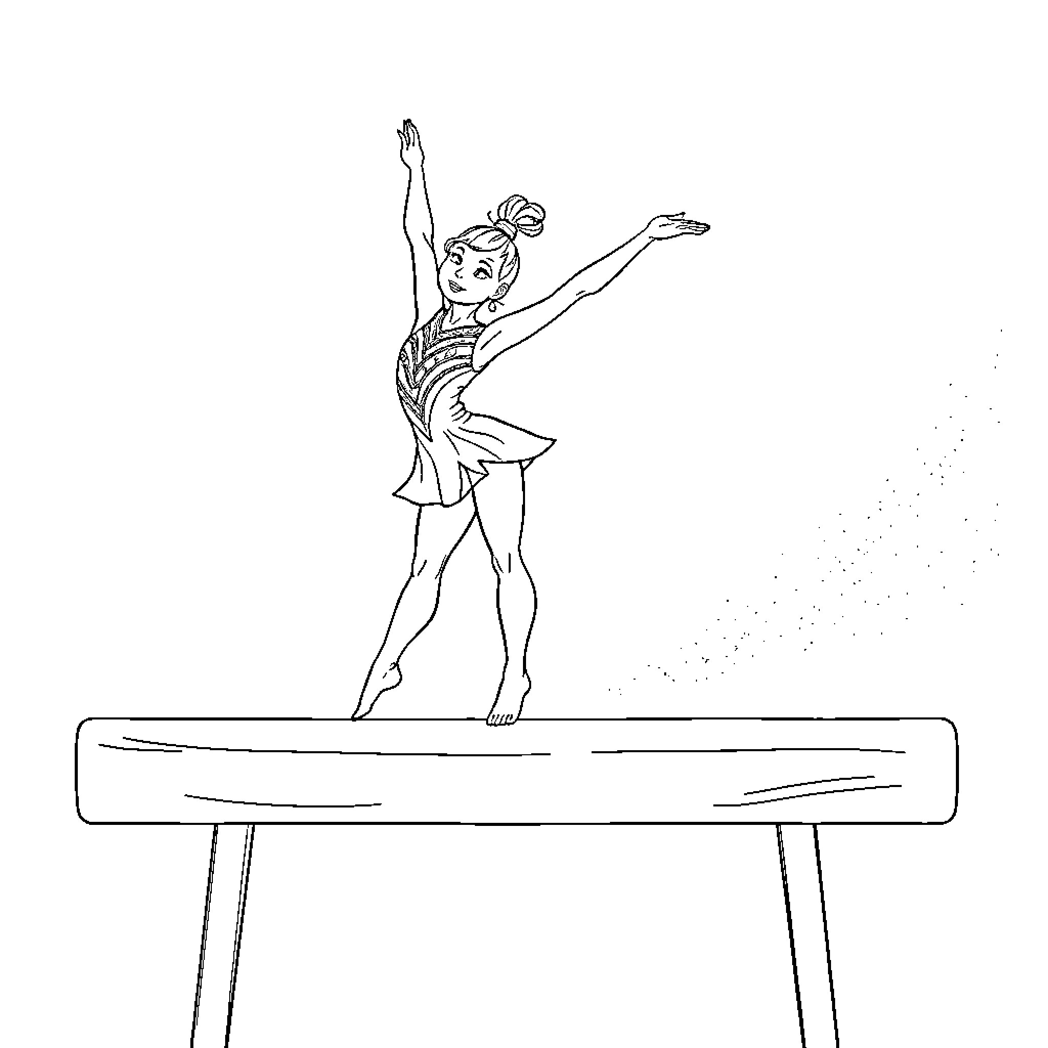 Girl performing gymnastics on balance beam Coloring Page (free black-and-white line drawing printable PDF for all, from beginners to advanced learners, including children, teens, adults, and seniors)