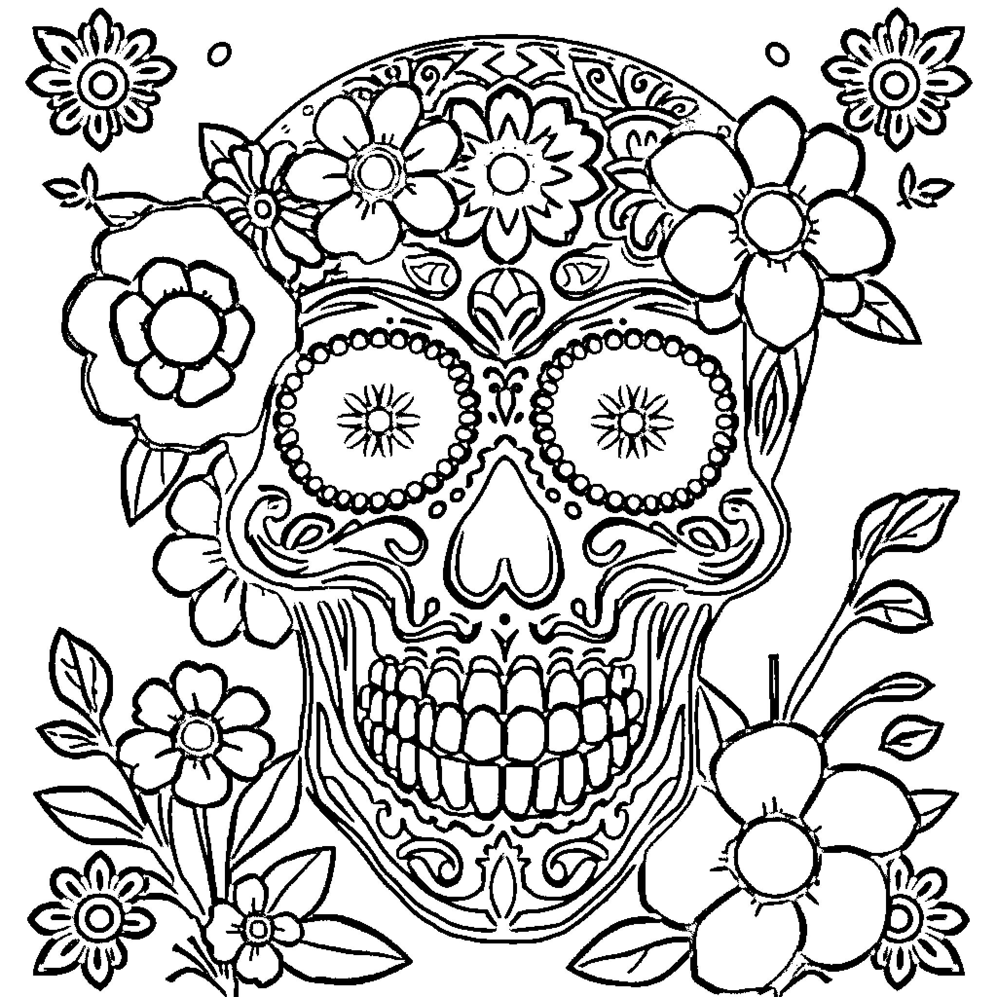 Mexican Skull in Floral Decor Coloring Page (free black-and-white line drawing printable PDF for all, from beginners to advanced learners, including children, teens, adults, and seniors)