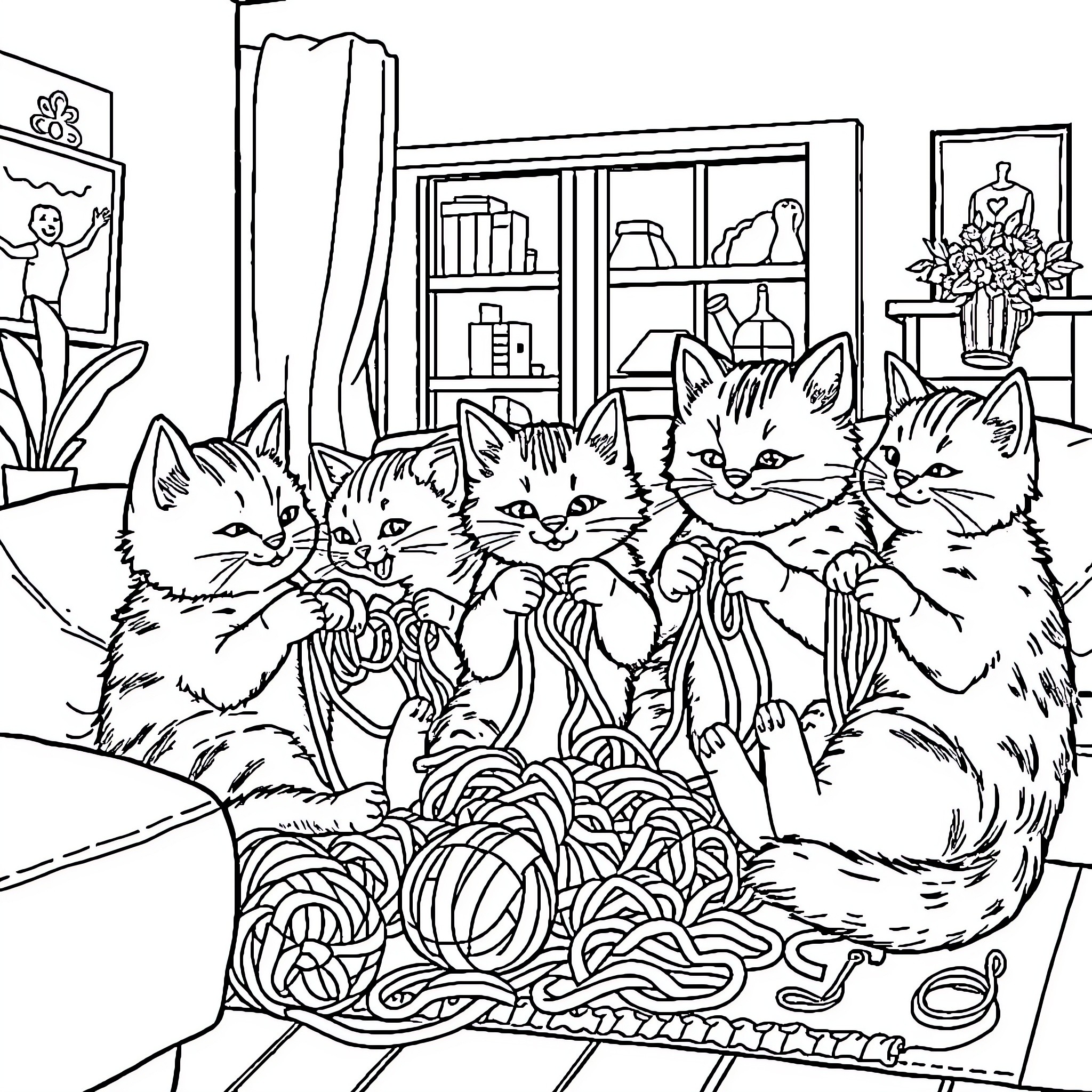Cat family playing with yarn in cozy home Coloring Page (free black-and-white line drawing printable PDF for all, from beginners to advanced learners, including children, teens, adults, and seniors)