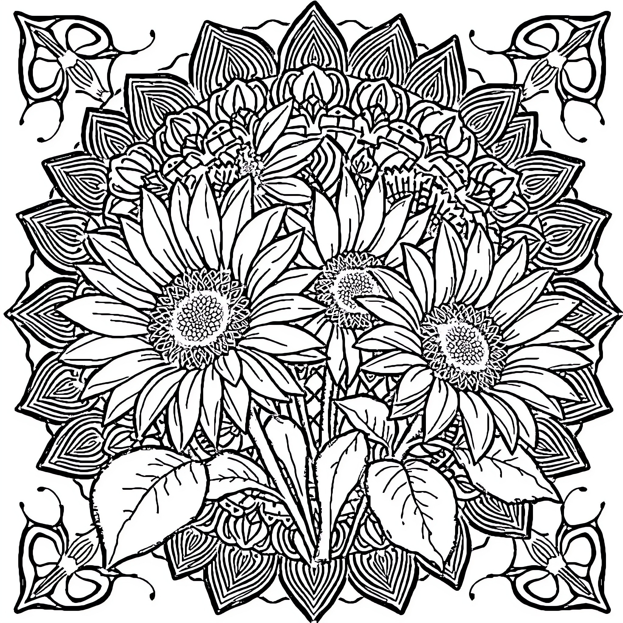 Sunflower Mandala - Intricate Floral Design Coloring Page (free black-and-white line drawing printable PDF for all, from beginners to advanced learners, including children, teens, adults, and seniors)