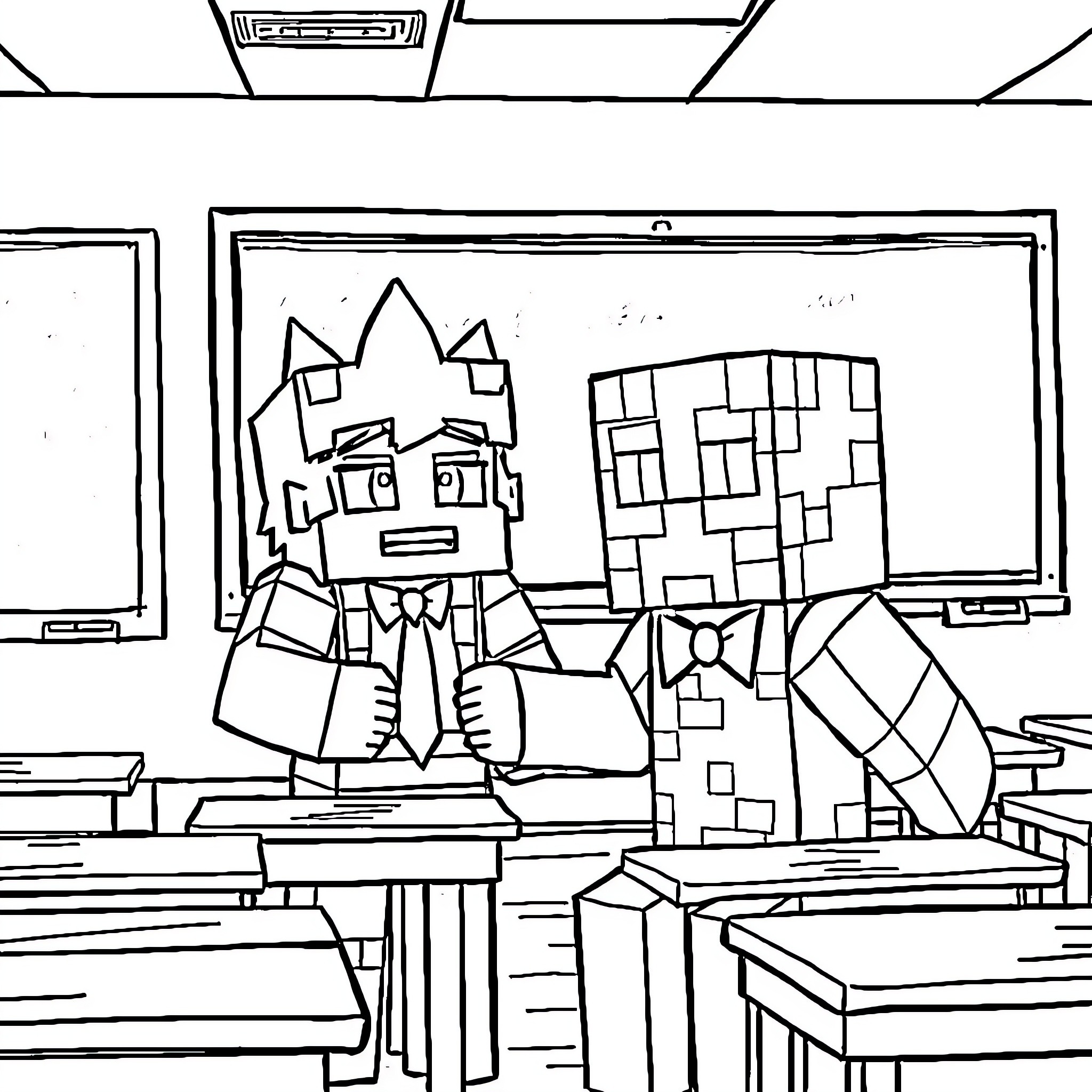 Herobrine exploring the classroom with curiosity Coloring Page (free black-and-white line drawing printable PDF for all, from beginners to advanced learners, including children, teens, adults, and seniors)