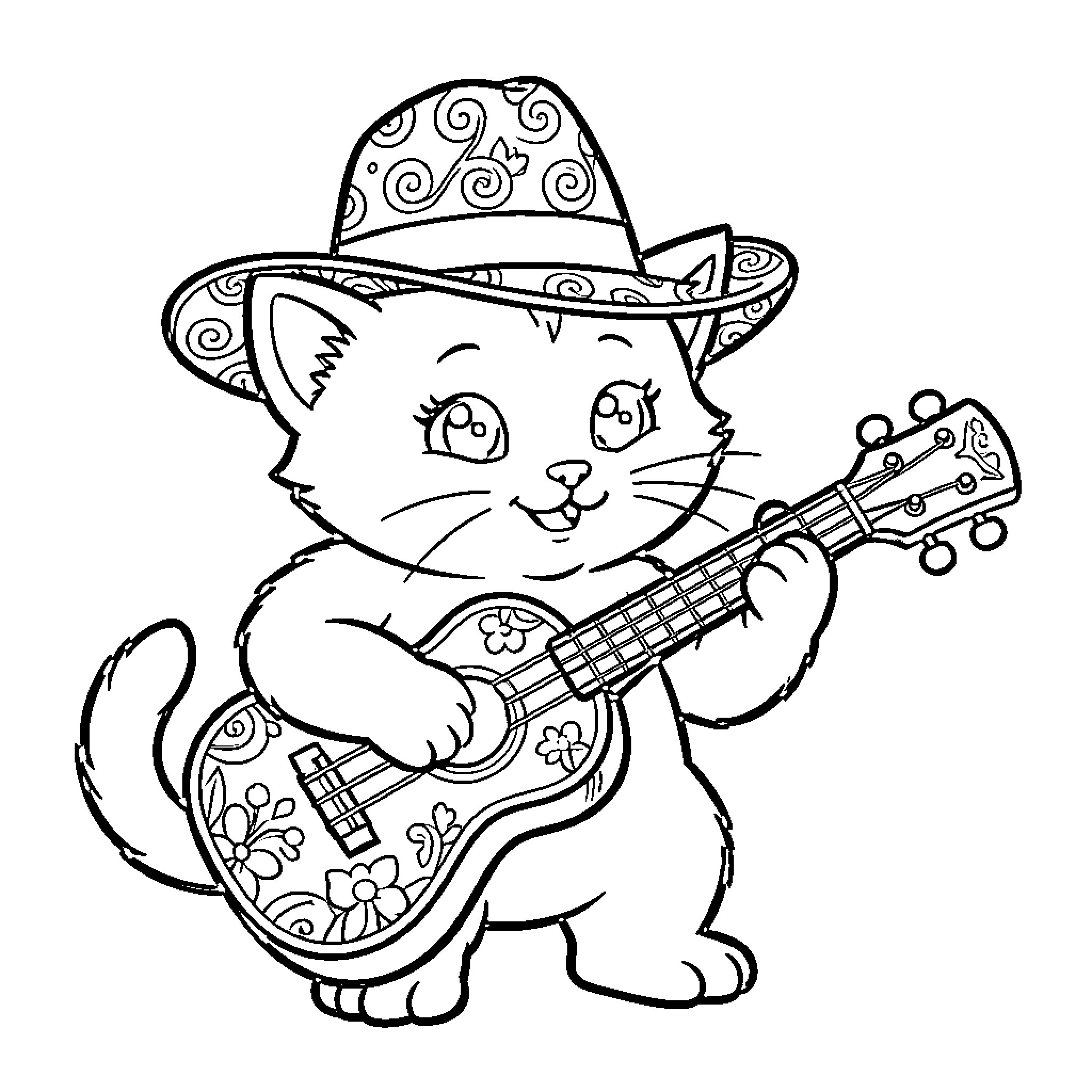 Kitten playing guitar in festive hat Coloring Page (free black-and-white line drawing printable PDF for all, from beginners to advanced learners, including children, teens, adults, and seniors)