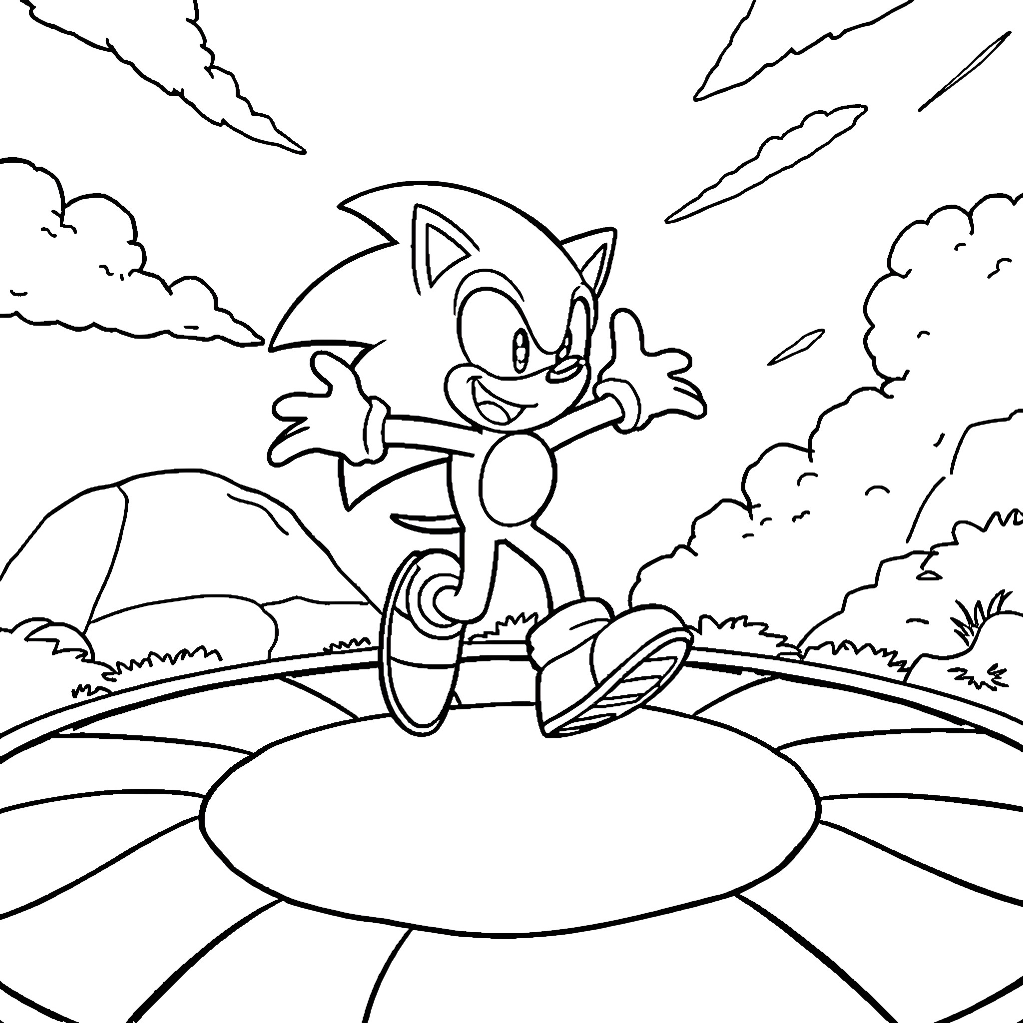 Sonic's Adventurous Journey through the Landscape Coloring Page (free black-and-white line drawing printable PDF for all, from beginners to advanced learners, including children, teens, adults, and seniors)