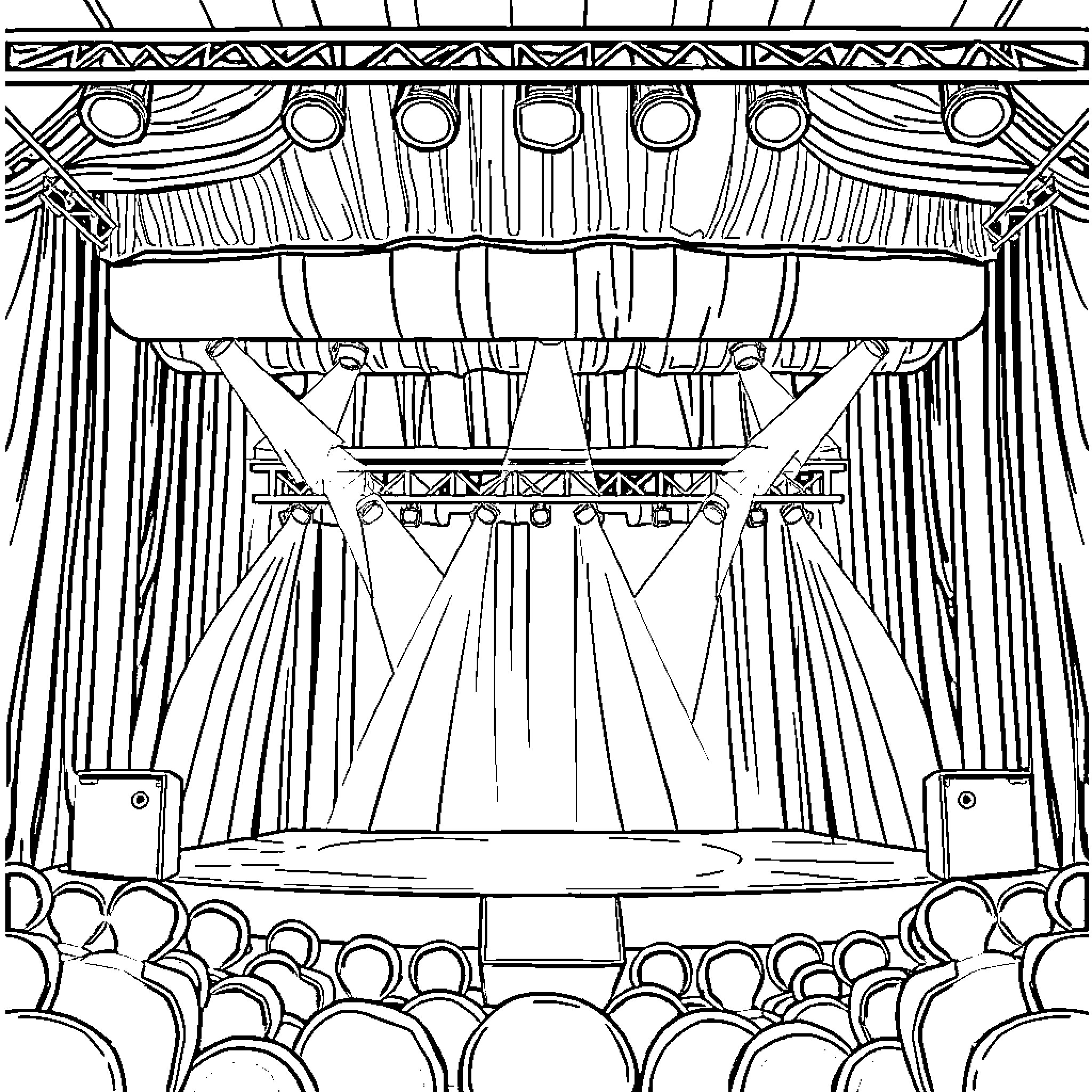 Stage set with ornate curtain and audience Coloring Page (free black-and-white line drawing printable PDF for all, from beginners to advanced learners, including children, teens, adults, and seniors)