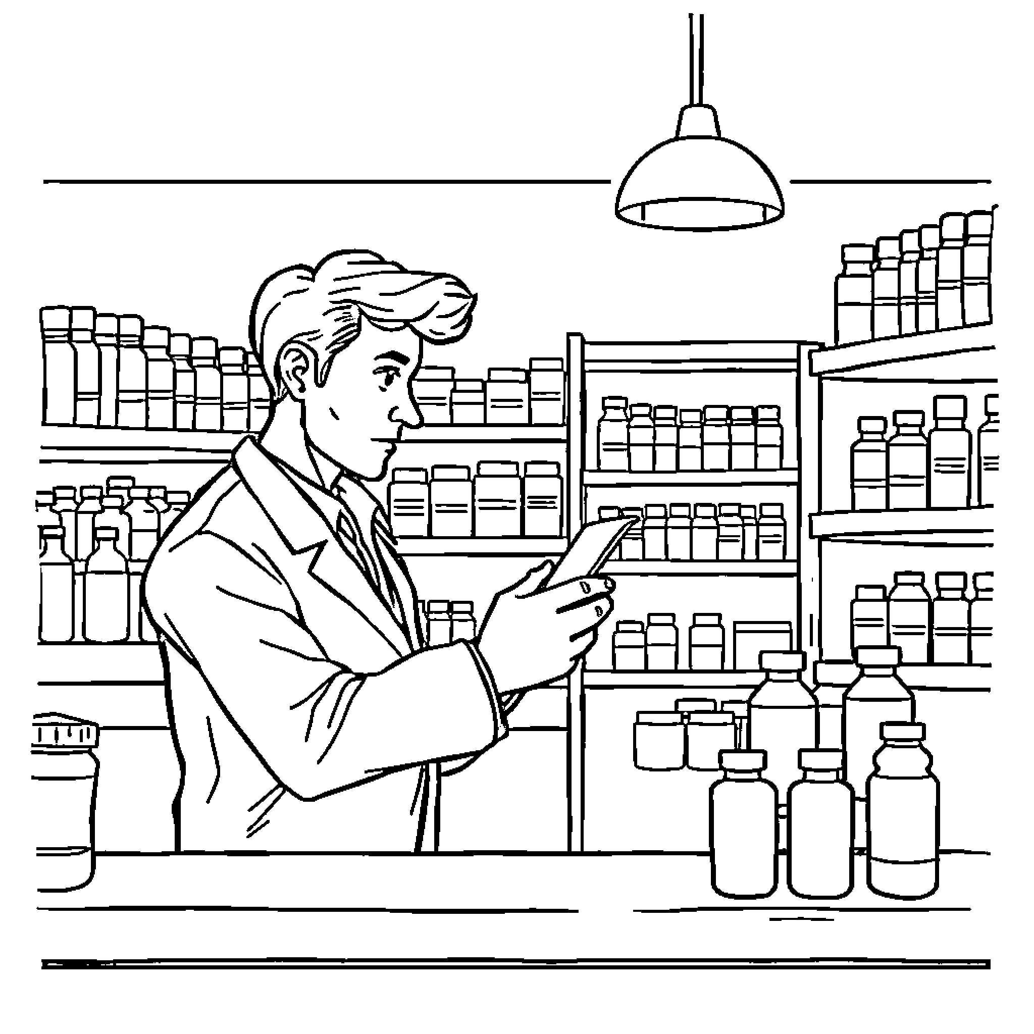 Pharmacist examining medication in a pharmacy Coloring Page (free black-and-white line drawing printable PDF for all, from beginners to advanced learners, including children, teens, adults, and seniors)
