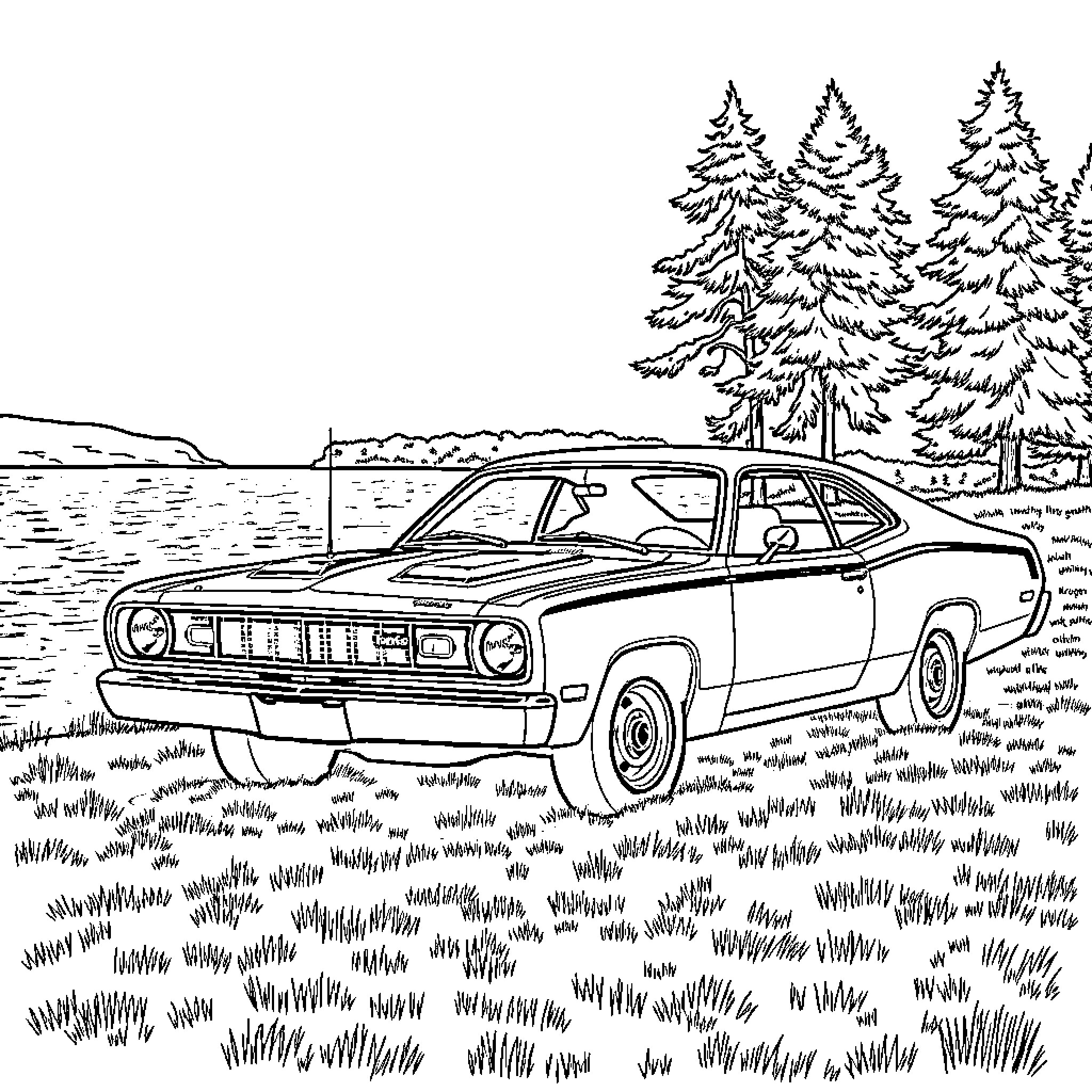 Plymouth Duster in serene nature landscape Coloring Page (free black-and-white line drawing printable PDF for all, from beginners to advanced learners, including children, teens, adults, and seniors)