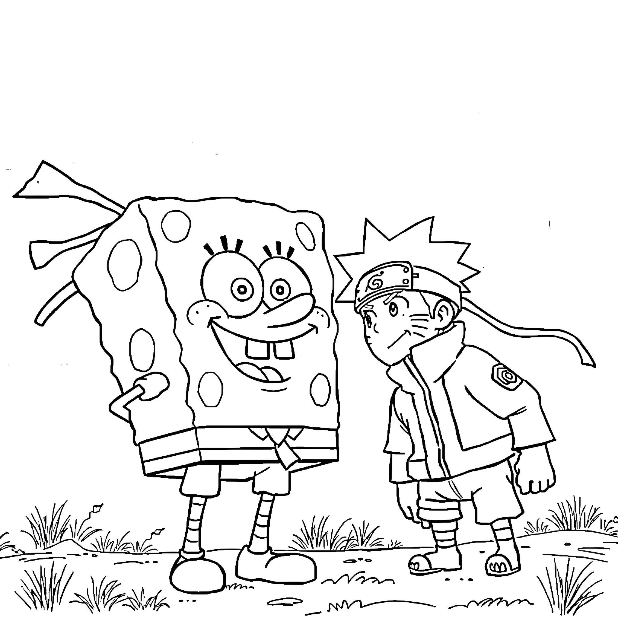 Spongebob and Naruto Anime Characters Coloring Page (free black-and-white line drawing printable PDF for all, from beginners to advanced learners, including children, teens, adults, and seniors)