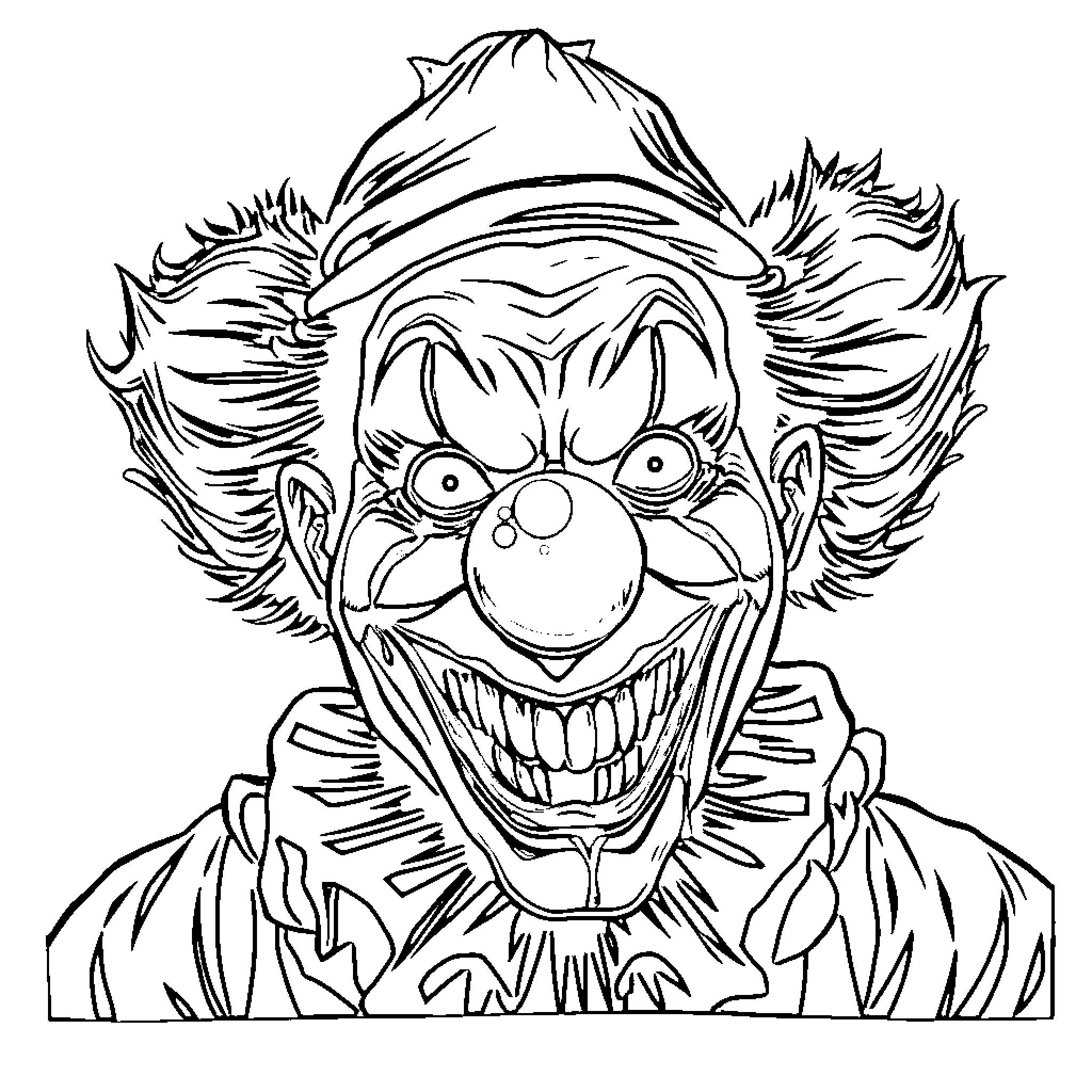 Clown with Exaggerated Facial Features and Unruly Hair Coloring Page (free black-and-white line drawing printable PDF for all, from beginners to advanced learners, including children, teens, adults, and seniors)