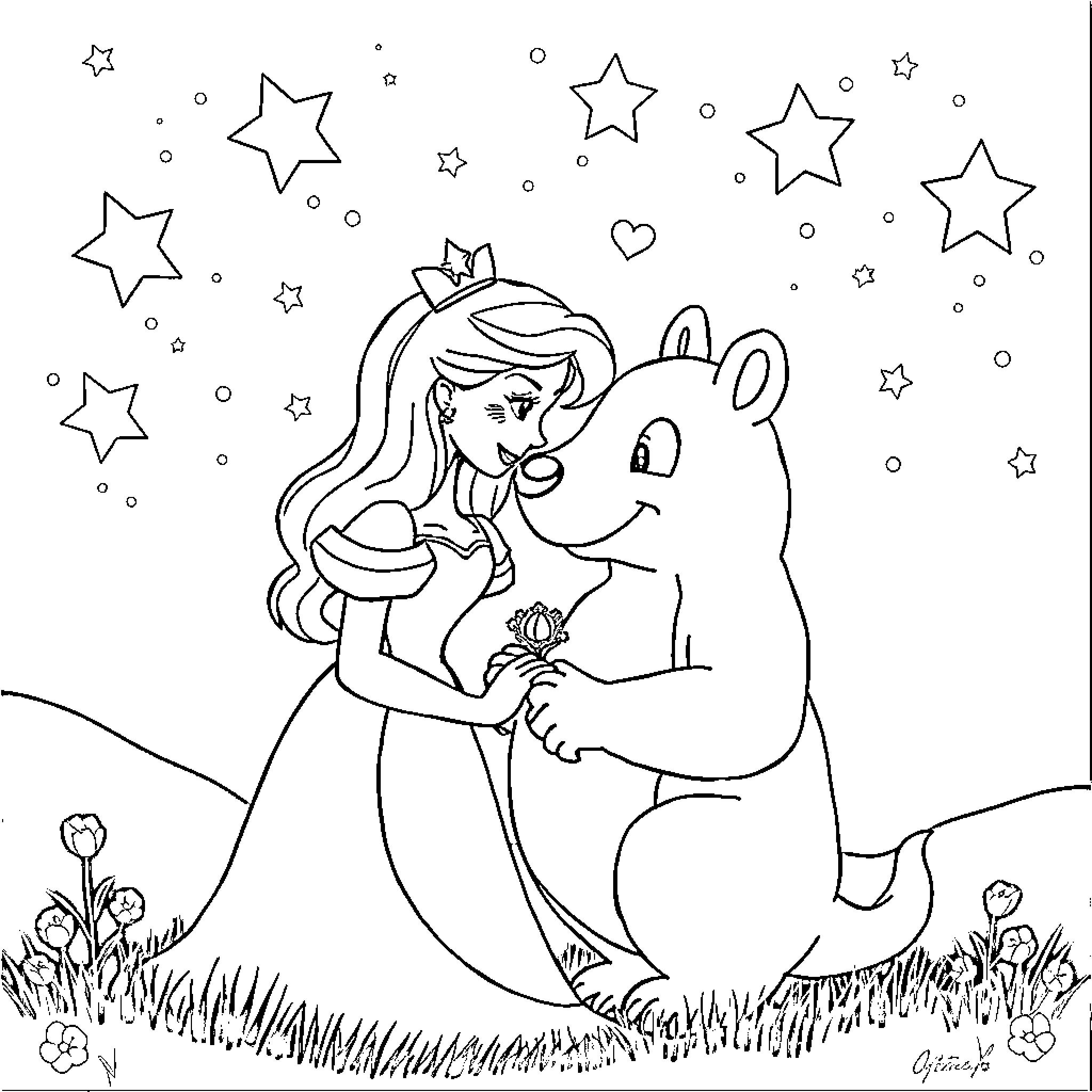 Lady And The Tramp: Loving embrace under the stars Coloring Page (free black-and-white line drawing printable PDF for all, from beginners to advanced learners, including children, teens, adults, and seniors)