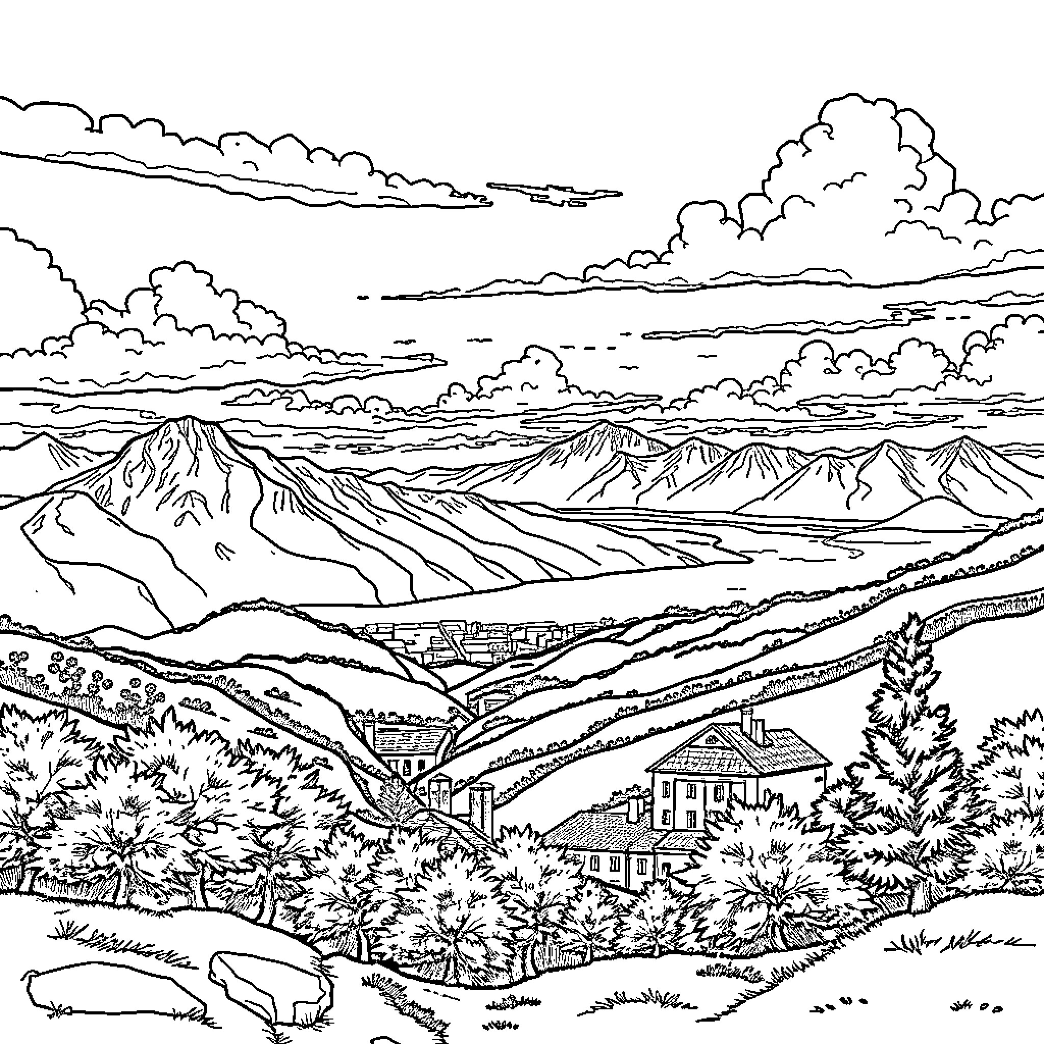 Irinaland: Majestic Mountain Landscape with Scenic Village Coloring Page (free black-and-white line drawing printable PDF for all, from beginners to advanced learners, including children, teens, adults, and seniors)