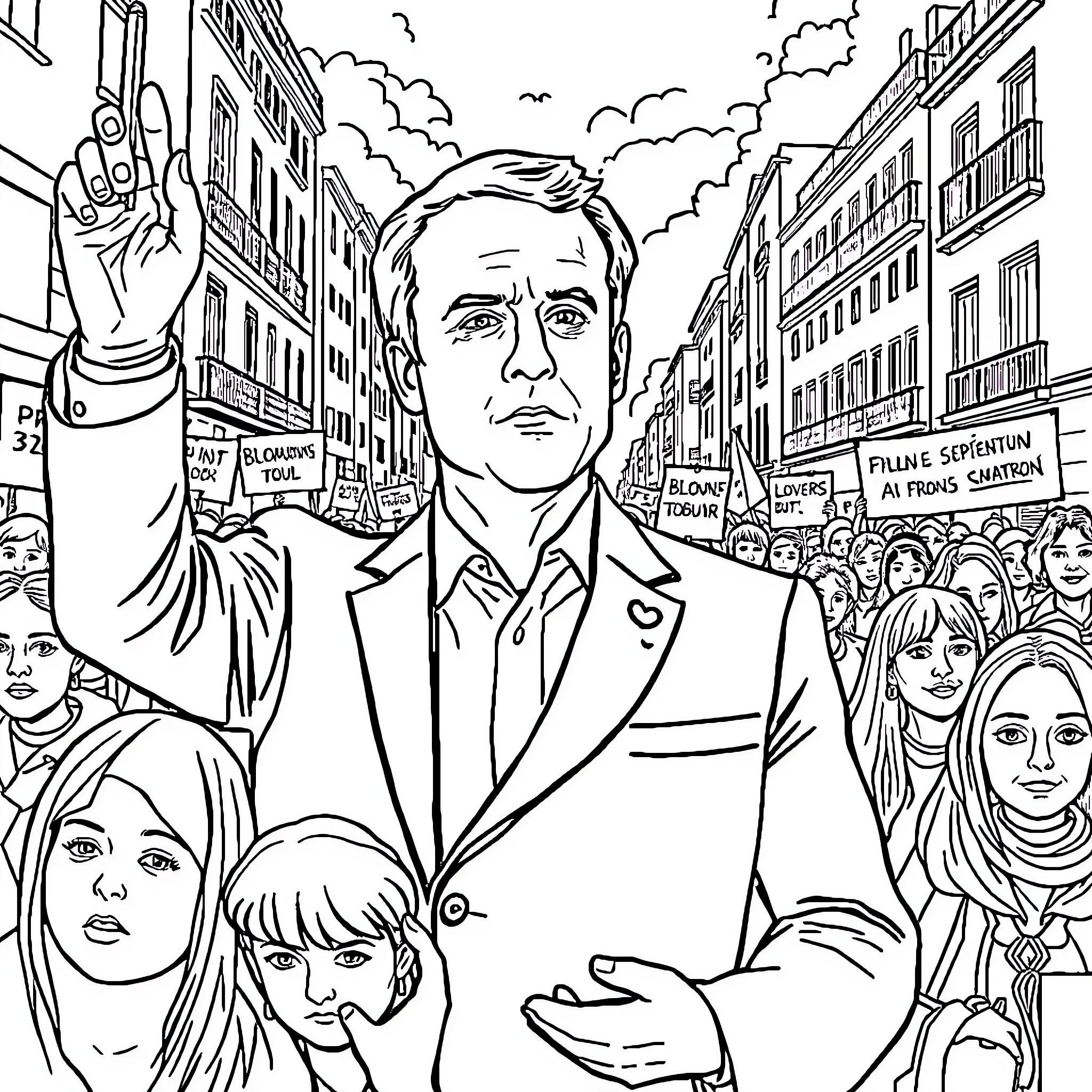 Macron addressing a crowd of people in the city Coloring Page (free black-and-white line drawing printable PDF for all, from beginners to advanced learners, including children, teens, adults, and seniors)