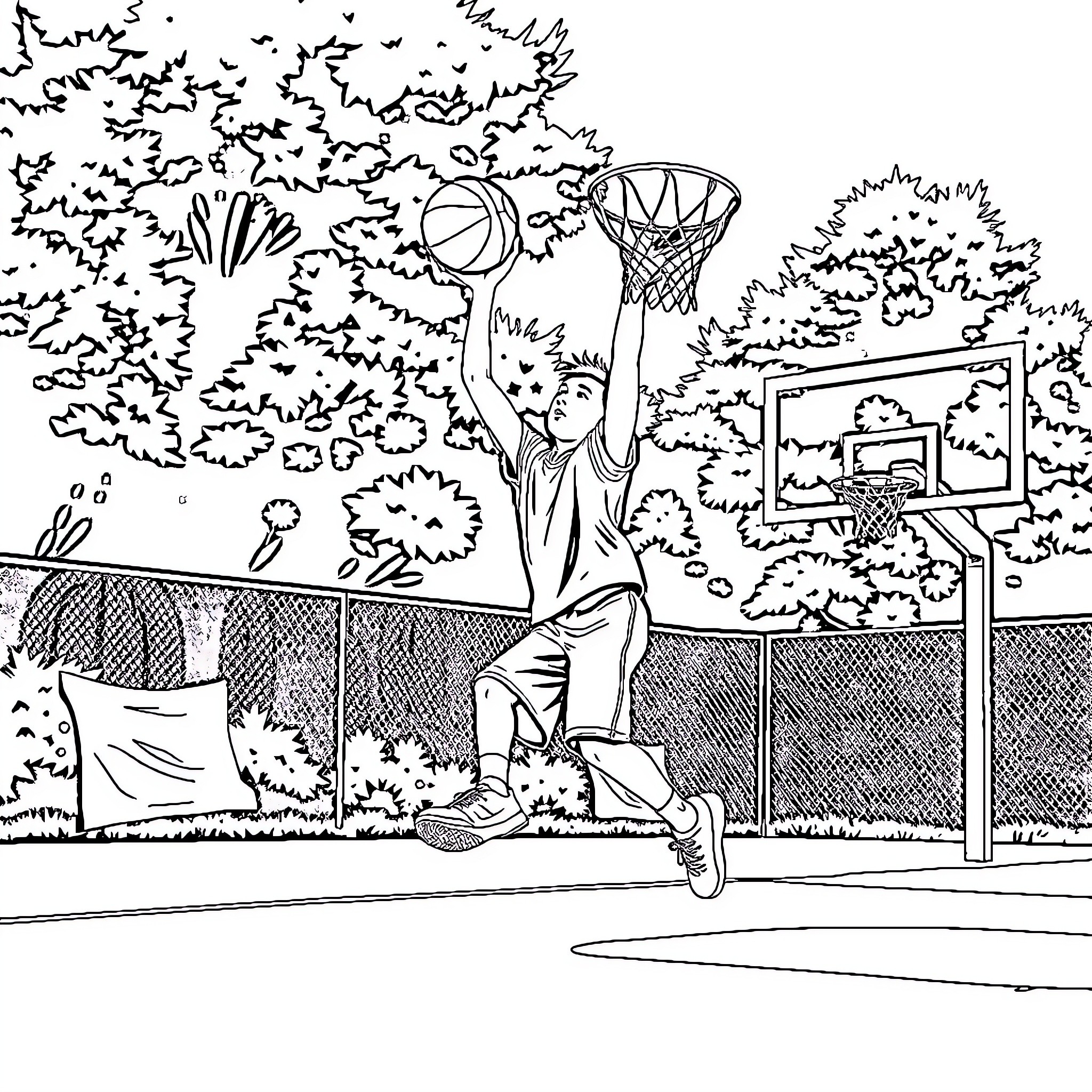 Danny dribbling basketball outdoors on hoop Coloring Page (free black-and-white line drawing printable PDF for all, from beginners to advanced learners, including children, teens, adults, and seniors)