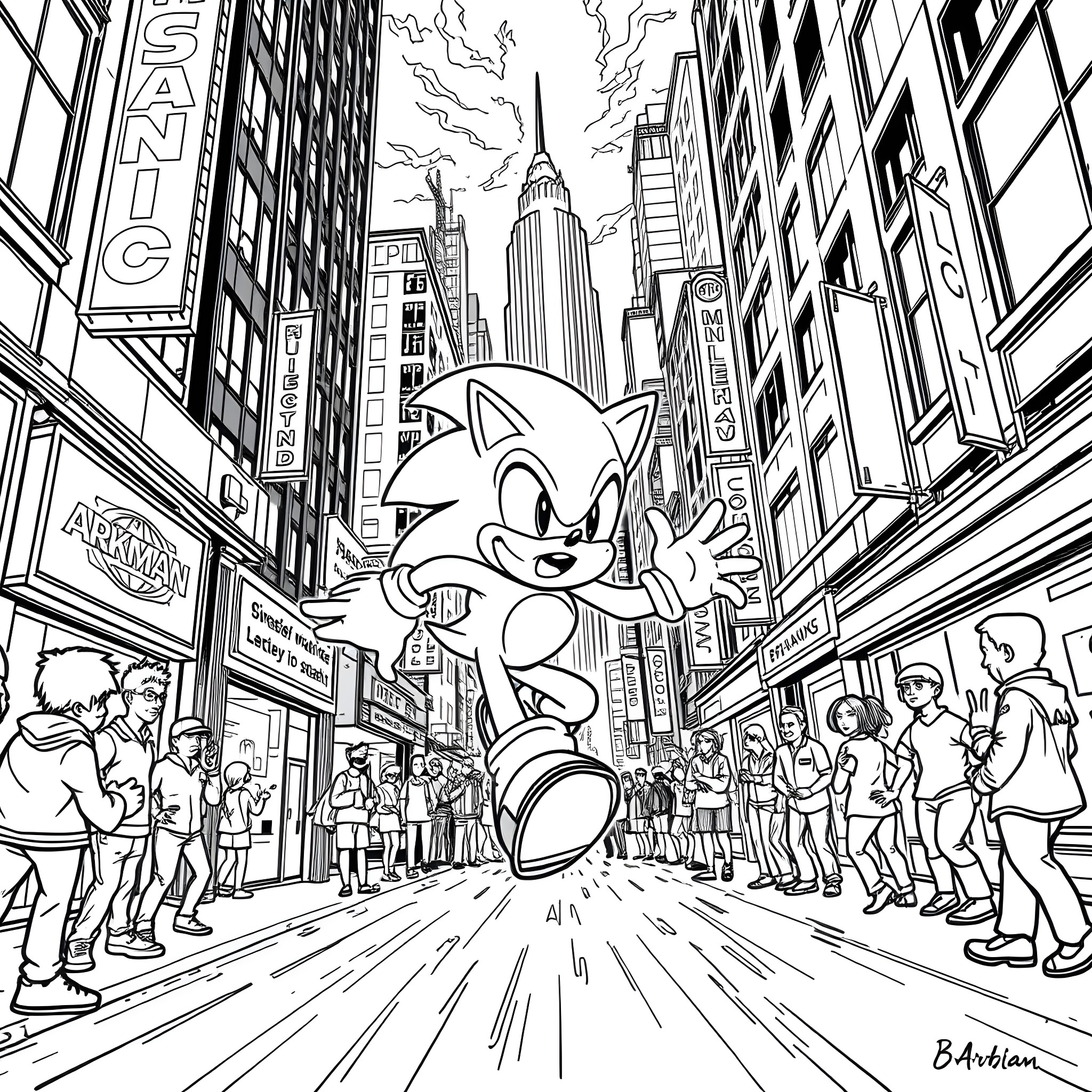 Sonic's Thrilling Adventure in the City Coloring Page (free black-and-white line drawing printable PDF for all, from beginners to advanced learners, including children, teens, adults, and seniors)