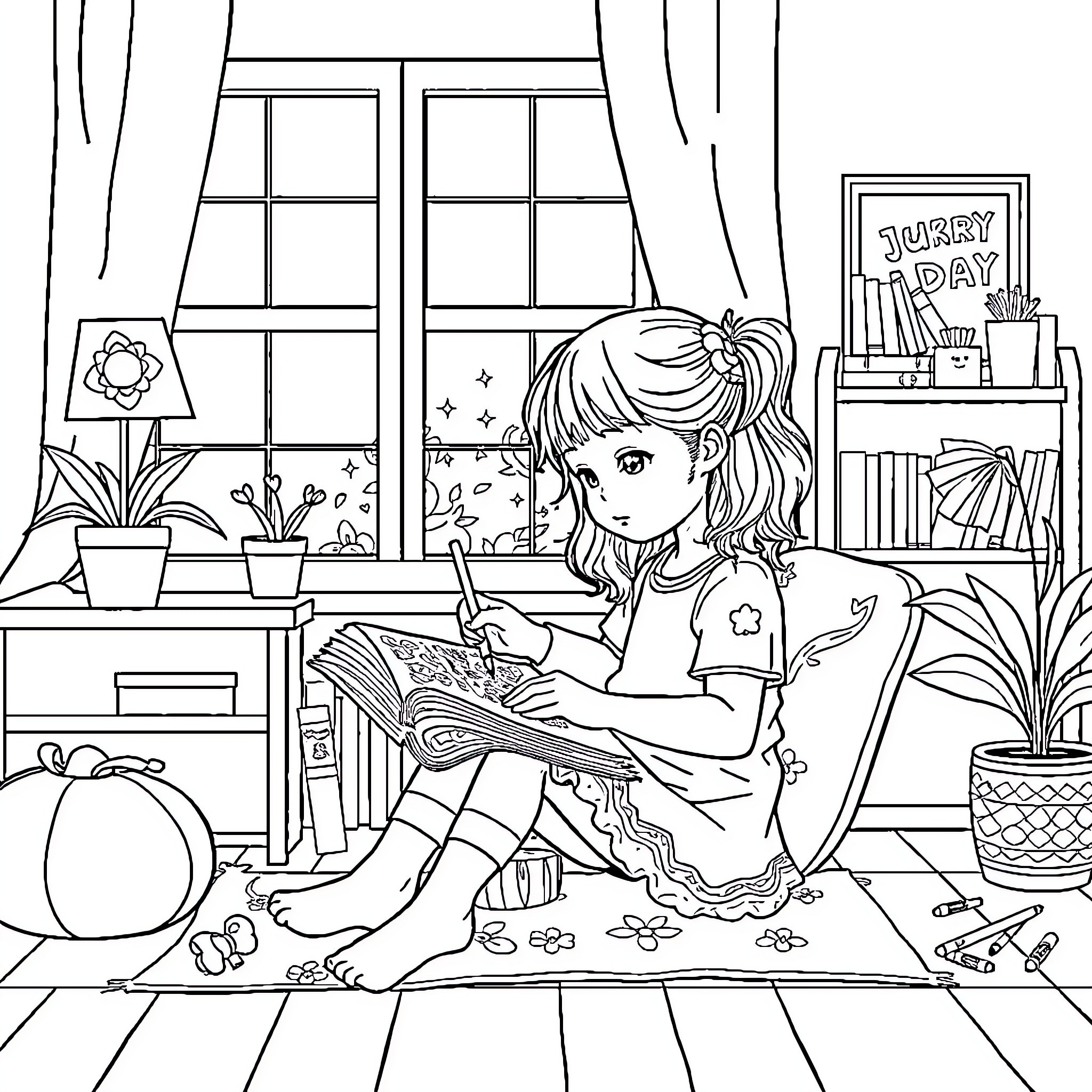Girl enjoying a cozy reading session at home Coloring Page (free black-and-white line drawing printable PDF for all, from beginners to advanced learners, including children, teens, adults, and seniors)