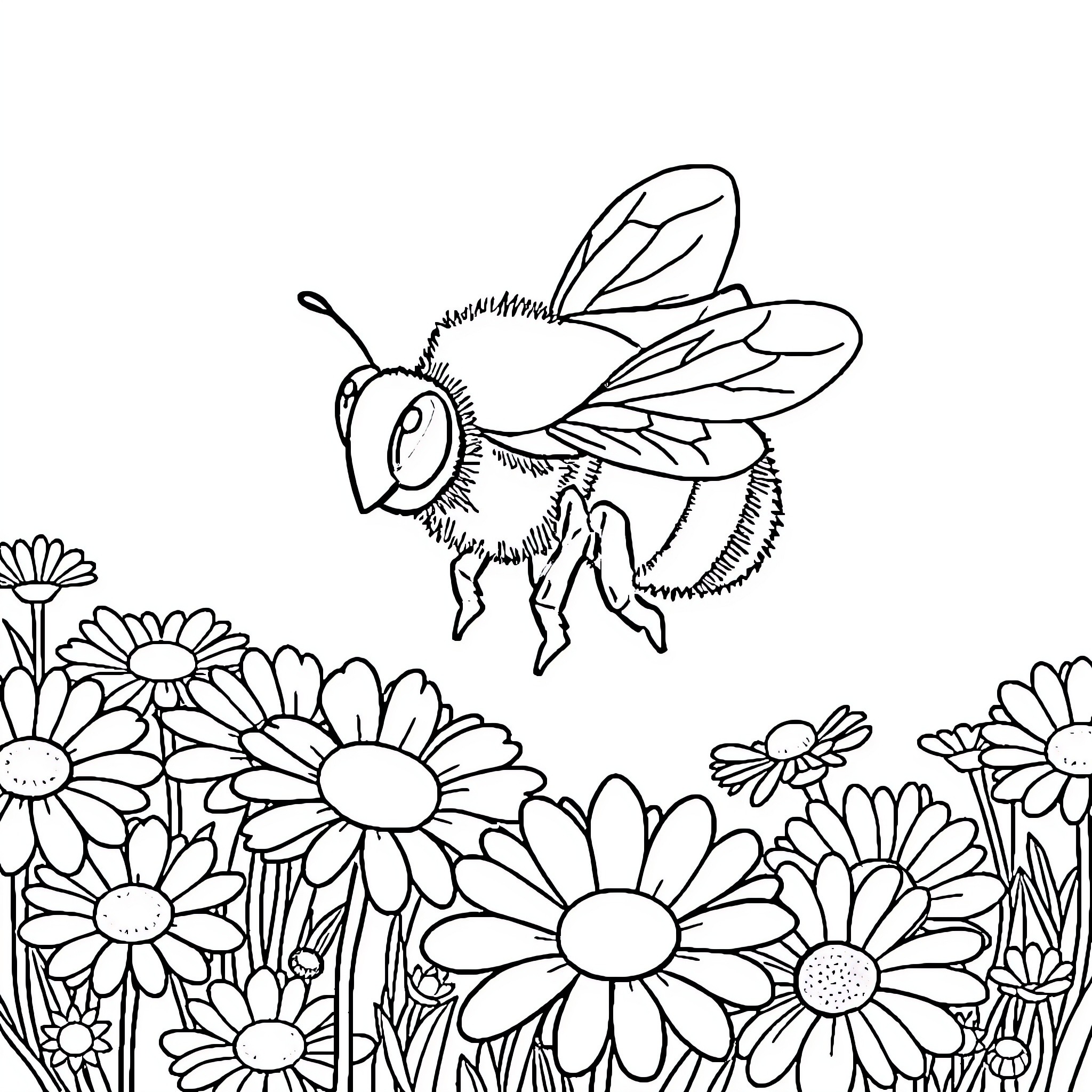 Honeybee flying through a field of daisies Coloring Page (free black-and-white line drawing printable PDF for all, from beginners to advanced learners, including children, teens, adults, and seniors)