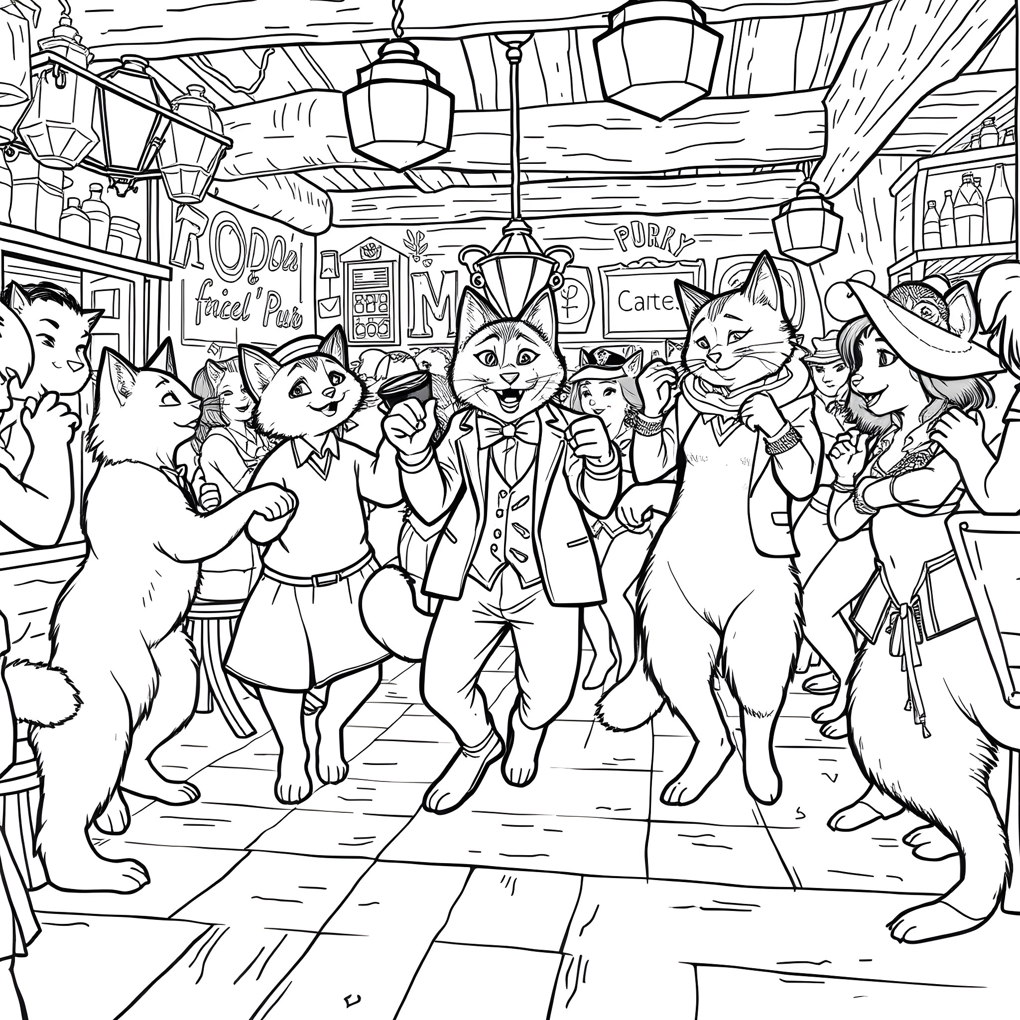 Cats celebrating in a lively town square Coloring Page (free black-and-white line drawing printable PDF for all, from beginners to advanced learners, including children, teens, adults, and seniors)