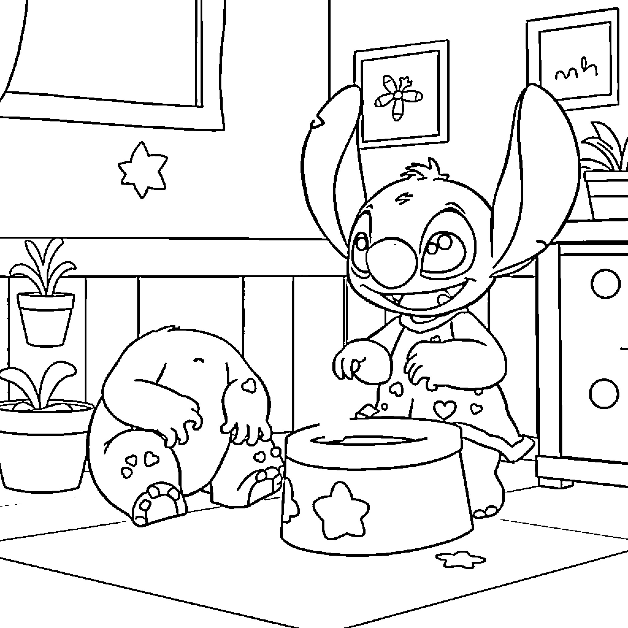 Lilo And Stitch Engaging in Playful Antics Coloring Page (free black-and-white line drawing printable PDF for all, from beginners to advanced learners, including children, teens, adults, and seniors)