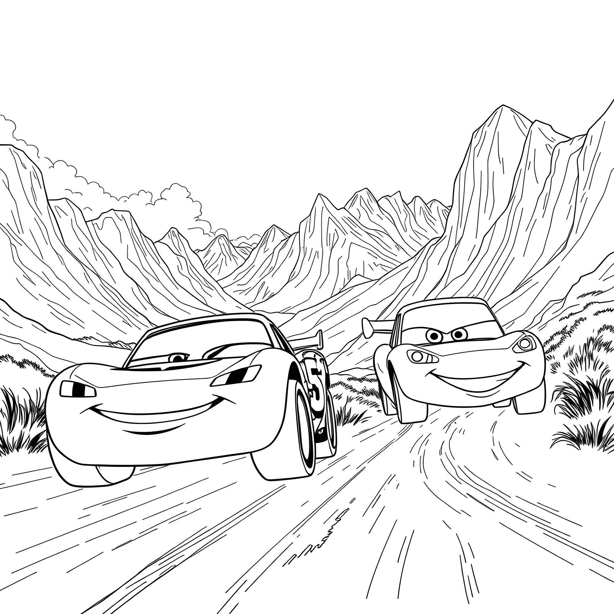 Lightning McQueen and friends on a racing adventure Coloring Page (free black-and-white line drawing printable PDF for all, from beginners to advanced learners, including children, teens, adults, and seniors)
