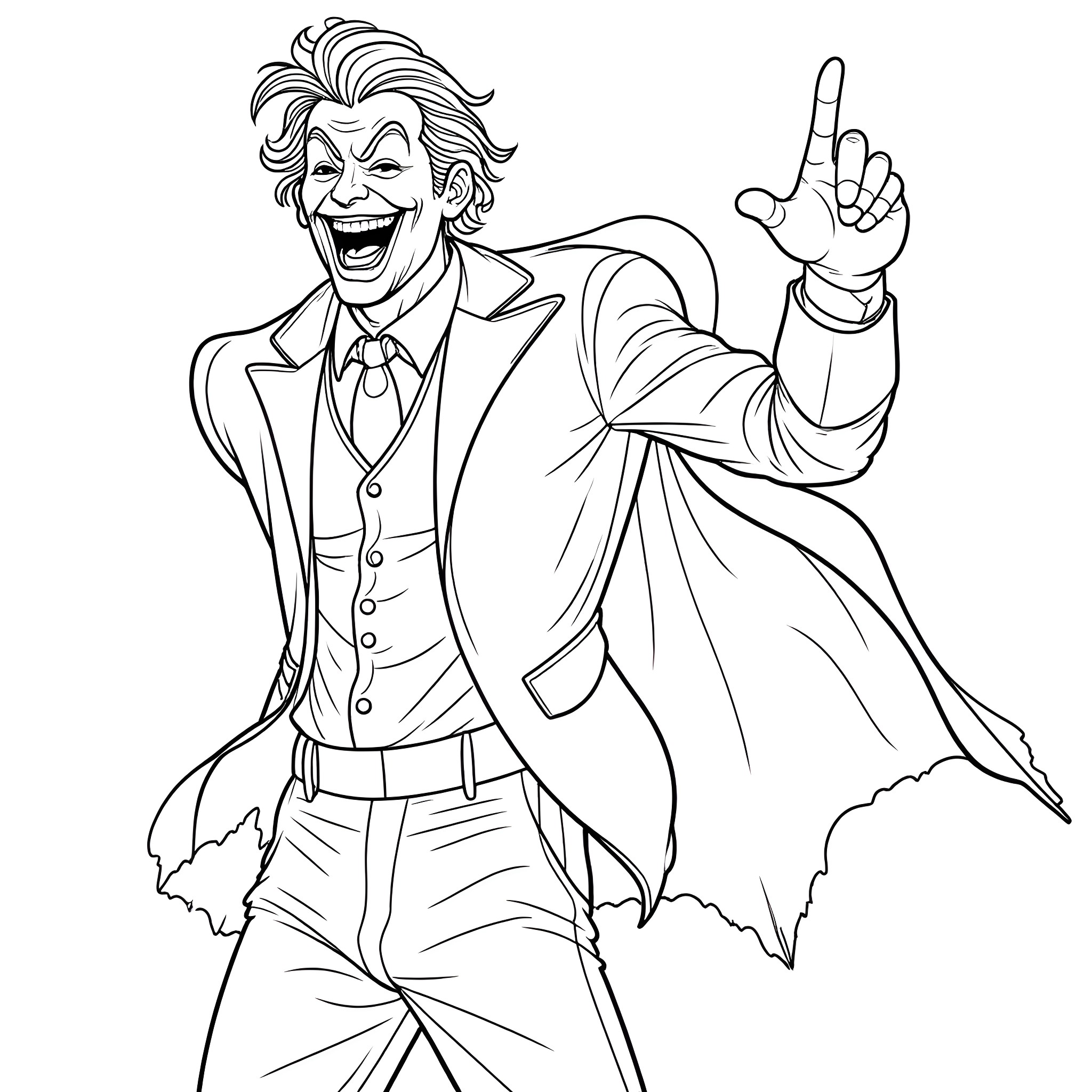 Joker's Maniacal Grin and Theatrical Pose Coloring Page (free black-and-white line drawing printable PDF for all, from beginners to advanced learners, including children, teens, adults, and seniors)