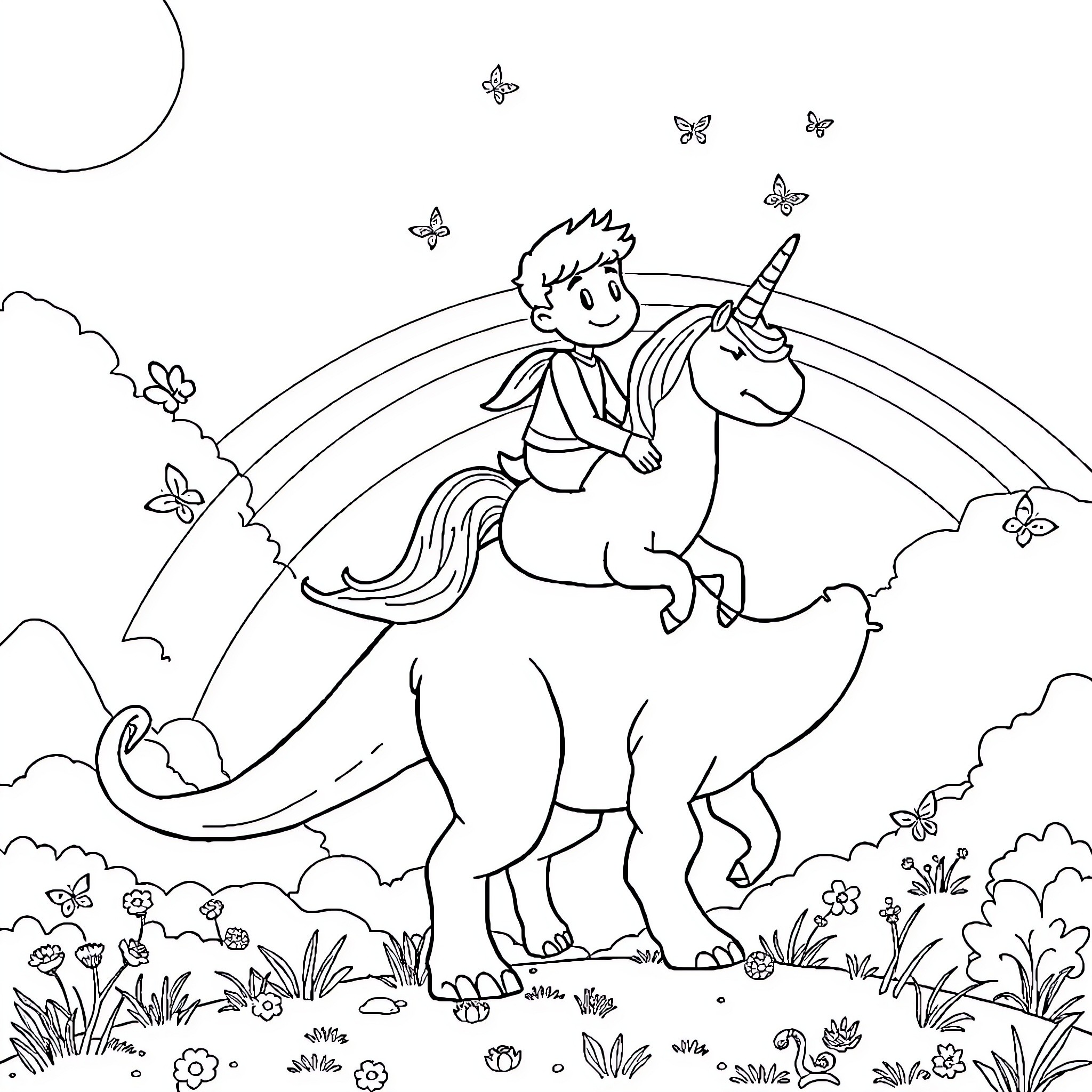 Benson Boon riding a unicorn in a magical forest Coloring Page (free black-and-white line drawing printable PDF for all, from beginners to advanced learners, including children, teens, adults, and seniors)