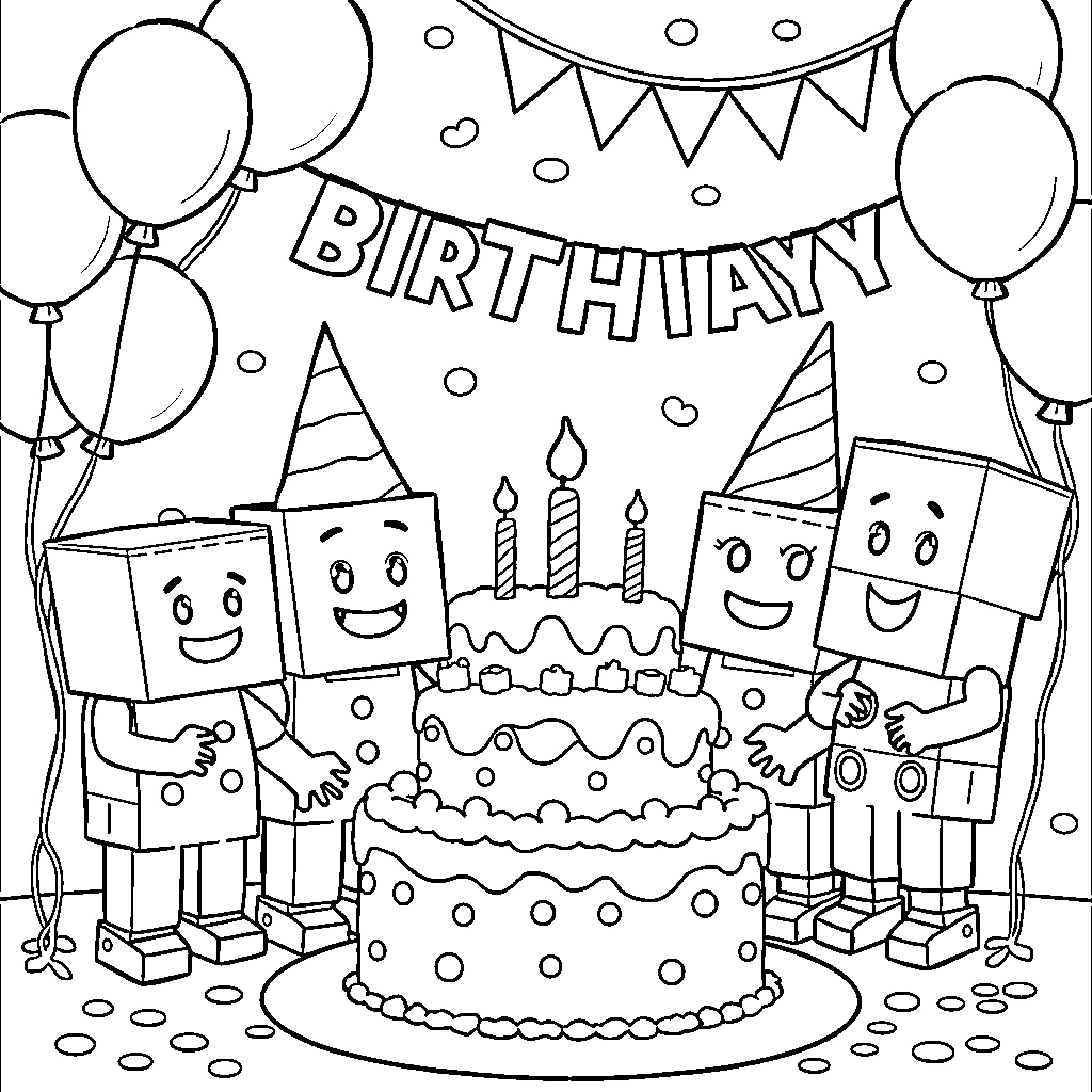 Numberblocks celebrating a birthday party Coloring Page (free black-and-white line drawing printable PDF for all, from beginners to advanced learners, including children, teens, adults, and seniors)