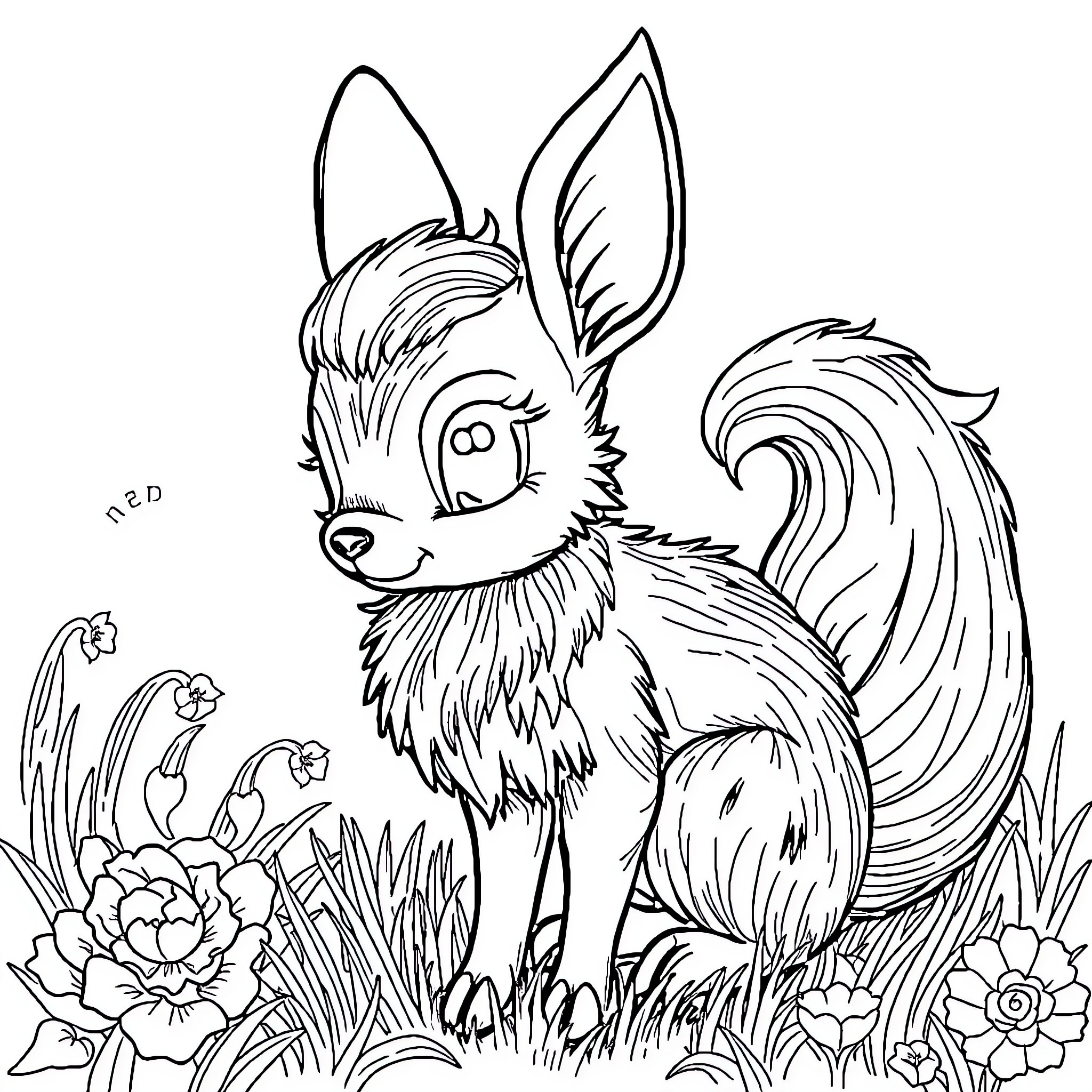 Evee enjoying a peaceful garden scene Coloring Page (free black-and-white line drawing printable PDF for all, from beginners to advanced learners, including children, teens, adults, and seniors)