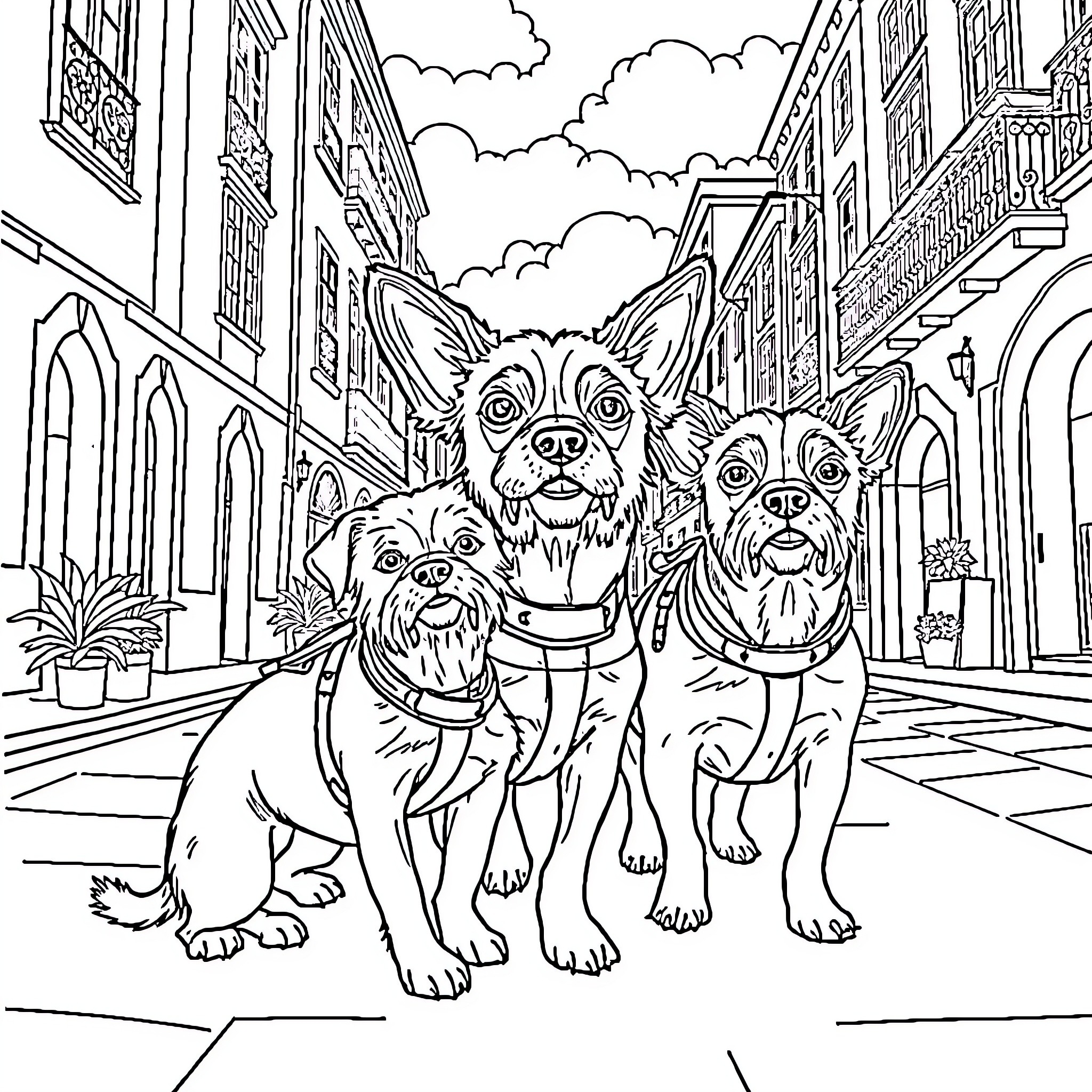 Paw Patrol dogs exploring the city streets Coloring Page (free black-and-white line drawing printable PDF for all, from beginners to advanced learners, including children, teens, adults, and seniors)