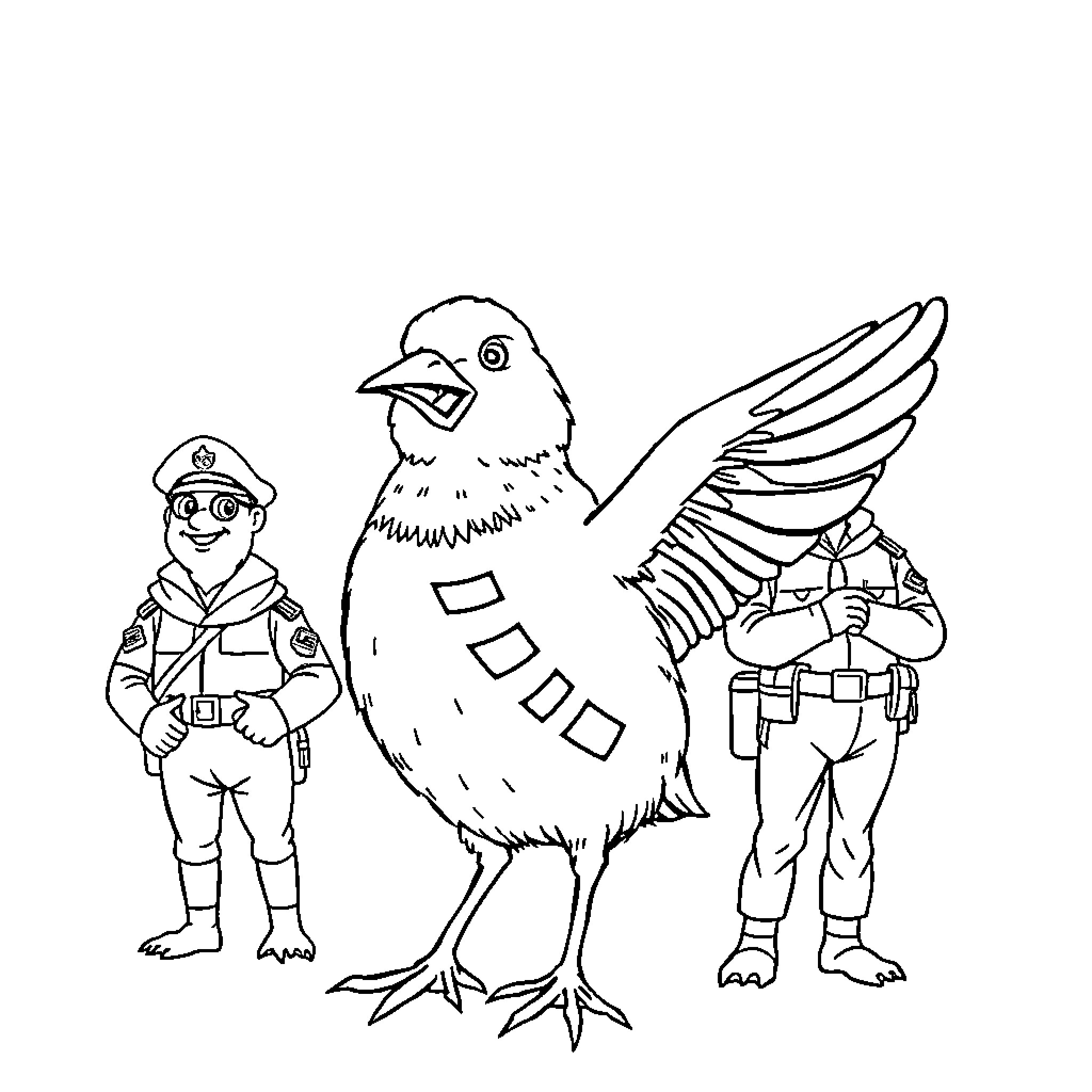 Poule Military Chicks in Action Coloring Page (free black-and-white line drawing printable PDF for all, from beginners to advanced learners, including children, teens, adults, and seniors)