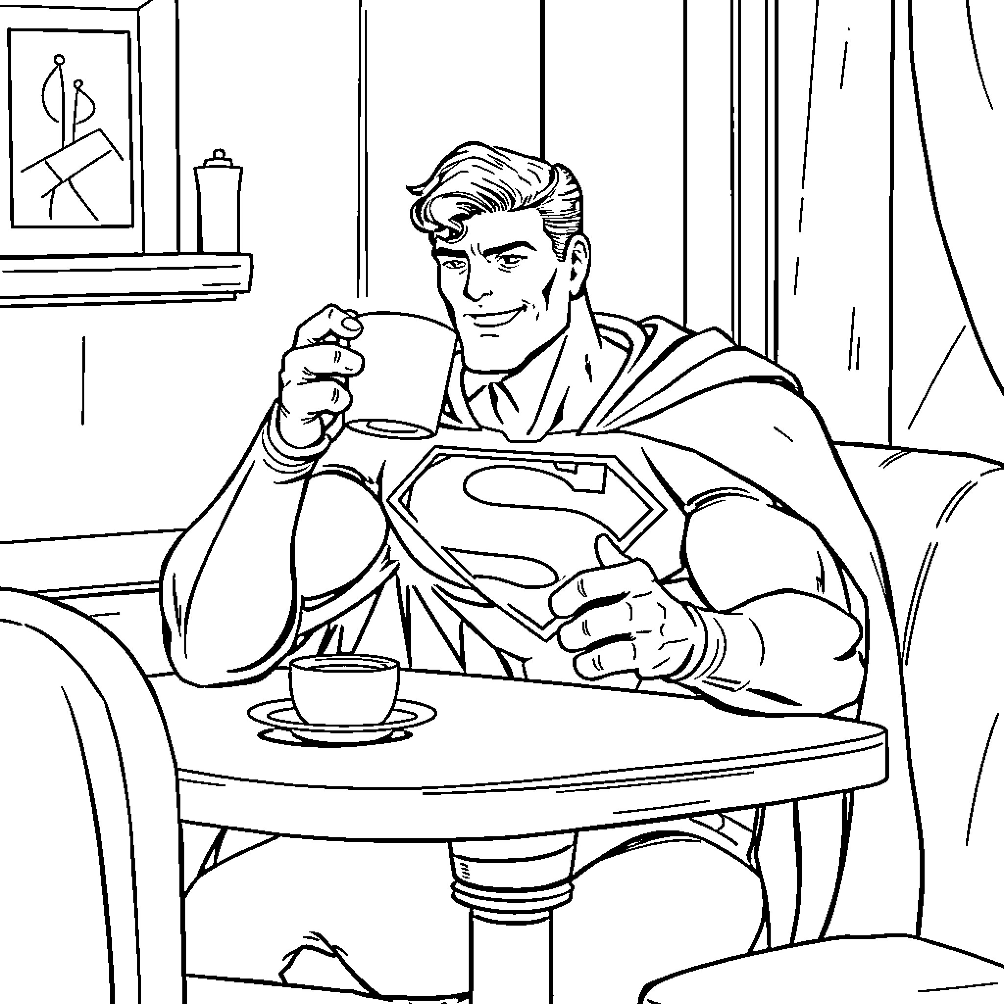 Superman relaxing with a cup of coffee Coloring Page (free black-and-white line drawing printable PDF for all, from beginners to advanced learners, including children, teens, adults, and seniors)