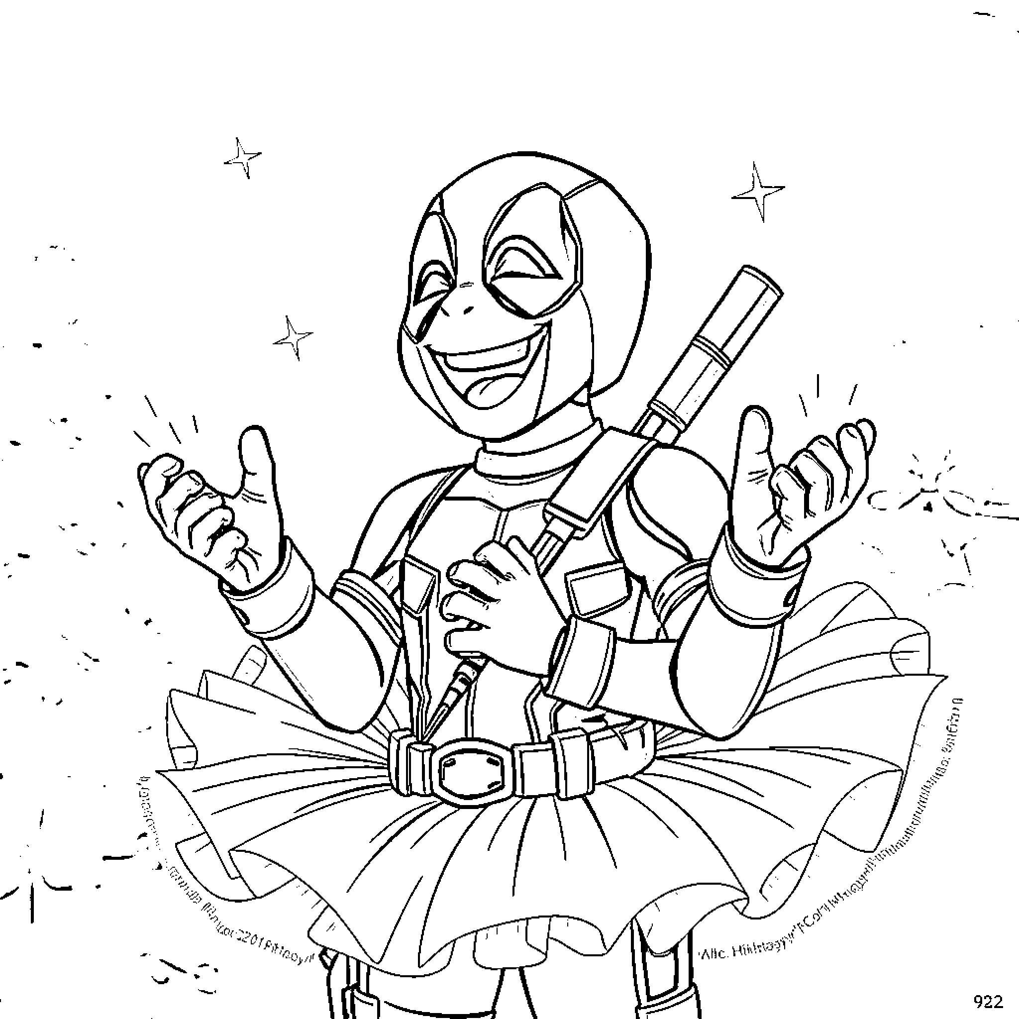 Deadpool in Joyful Acrobatics and Poses Coloring Page (free black-and-white line drawing printable PDF for all, from beginners to advanced learners, including children, teens, adults, and seniors)