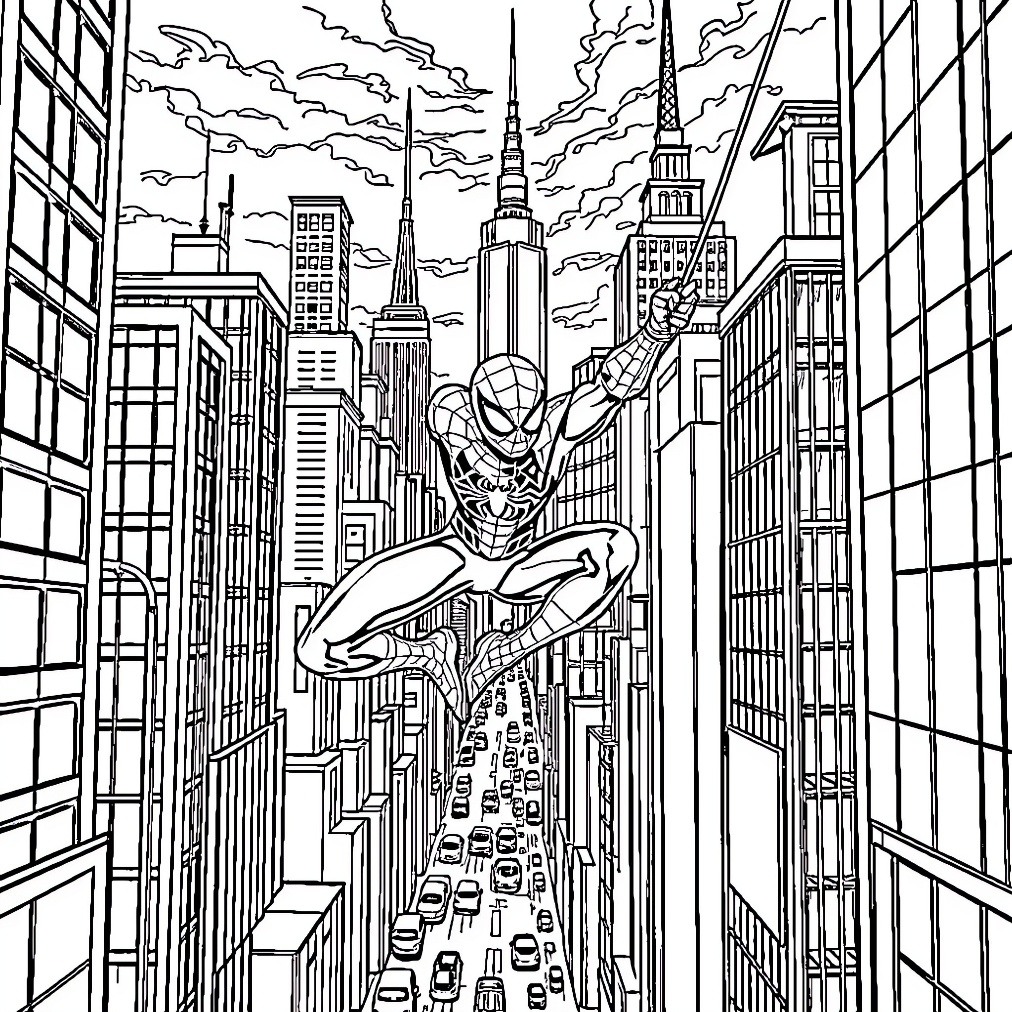 Spider-Man swinging through the city skyline Coloring Page (free black-and-white line drawing printable PDF for all, from beginners to advanced learners, including children, teens, adults, and seniors)