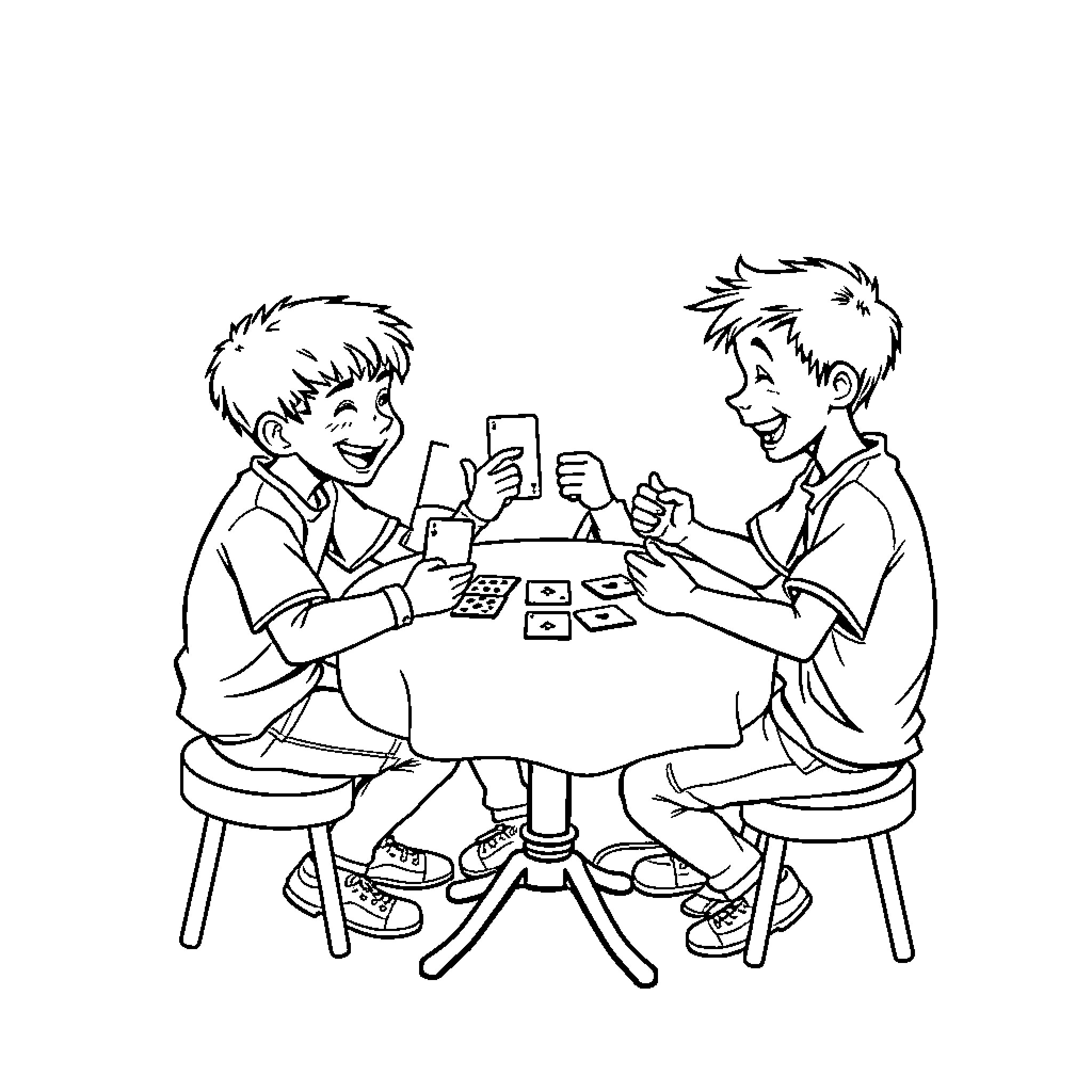 Boy playing card game with friend Coloring Page (free black-and-white line drawing printable PDF for all, from beginners to advanced learners, including children, teens, adults, and seniors)